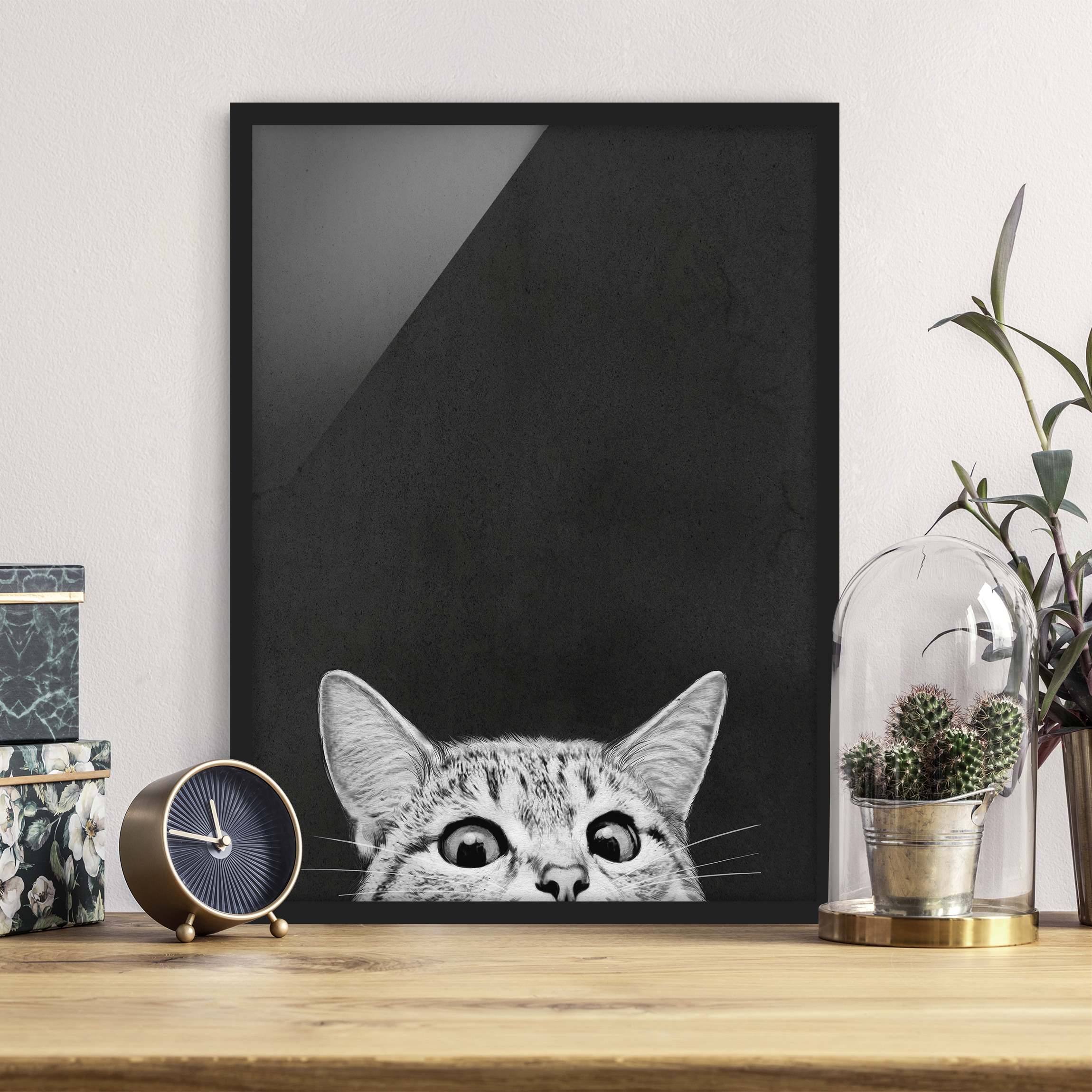 Bild mit Rahmen - Hochformat Illustration Katze Schwarz Weiß Zeichnung