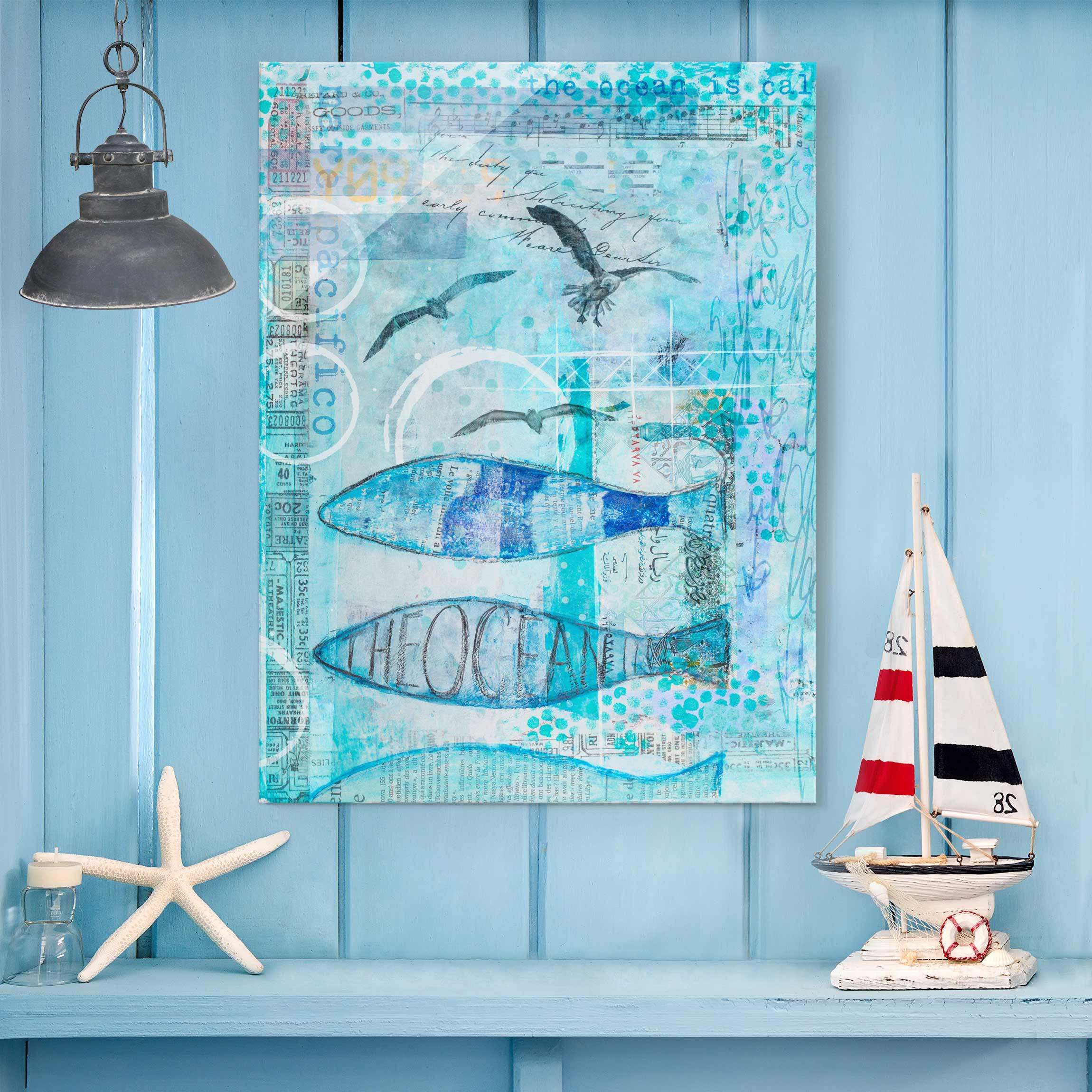 Glasbild - Hochformat Bunte Collage - Blaue Fische