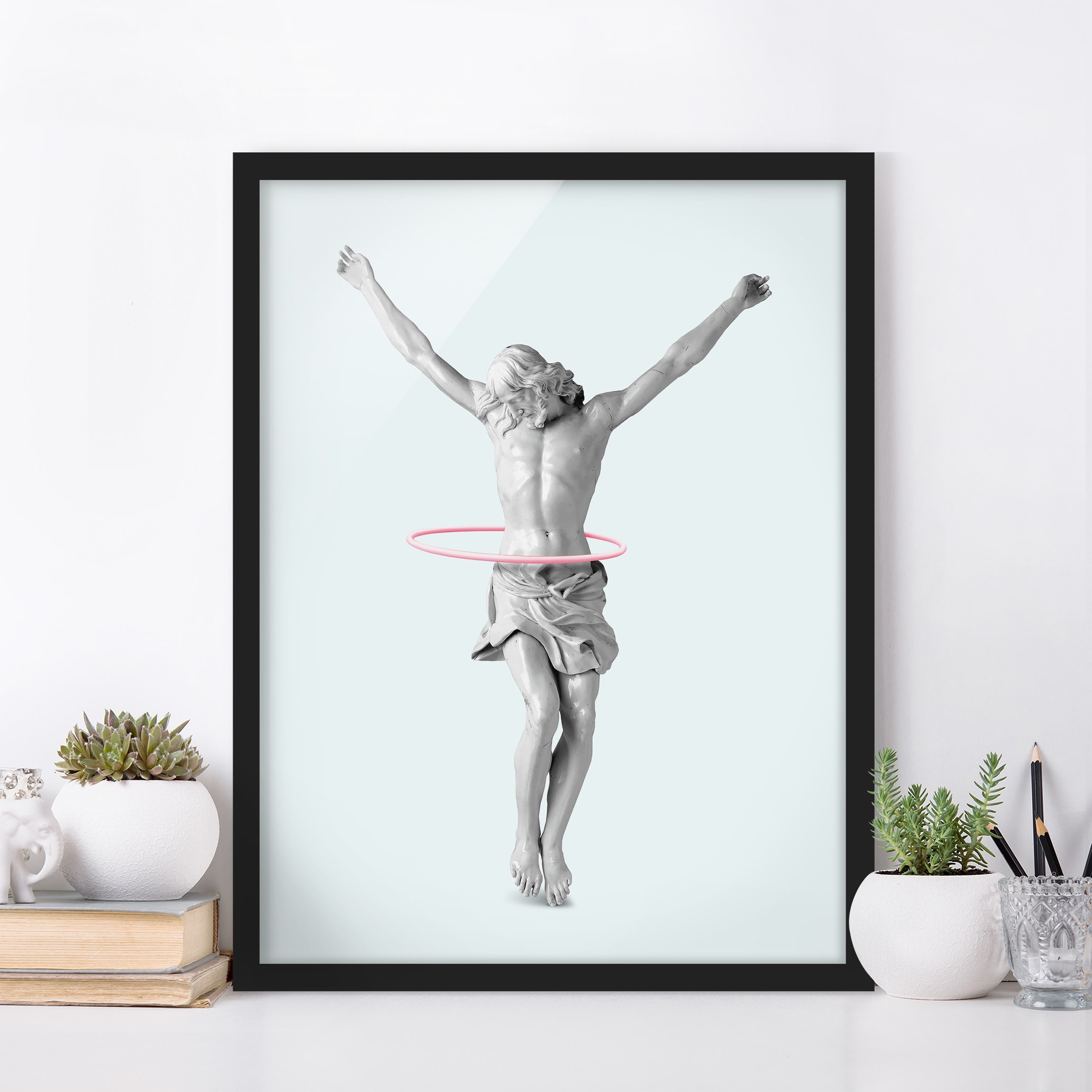 Bild mit Rahmen - Hochformat Jesus mit Hula Hoop Reifen