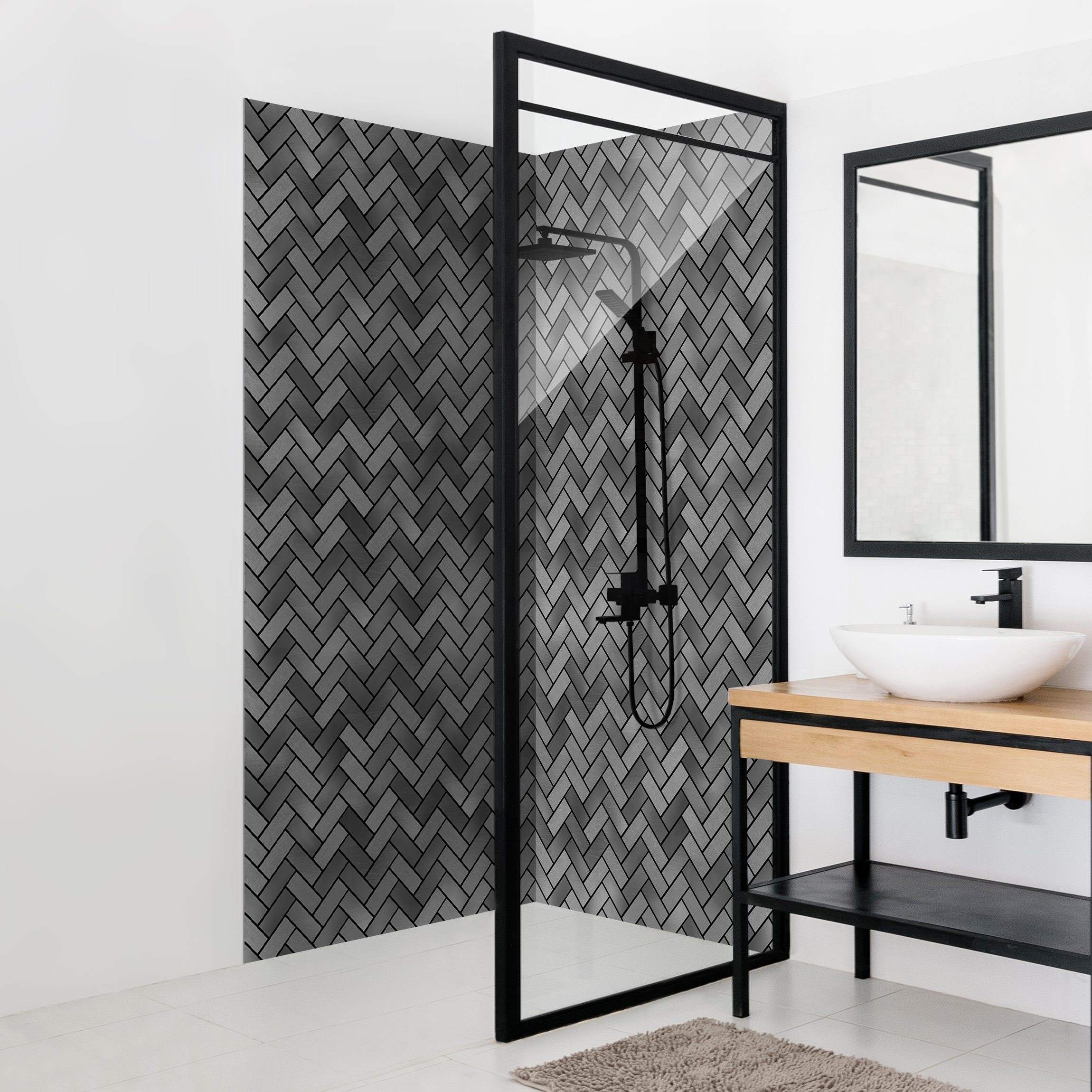 Duschrückwand Fischgräten Fliesen - Anthrazit schwarze Fugen