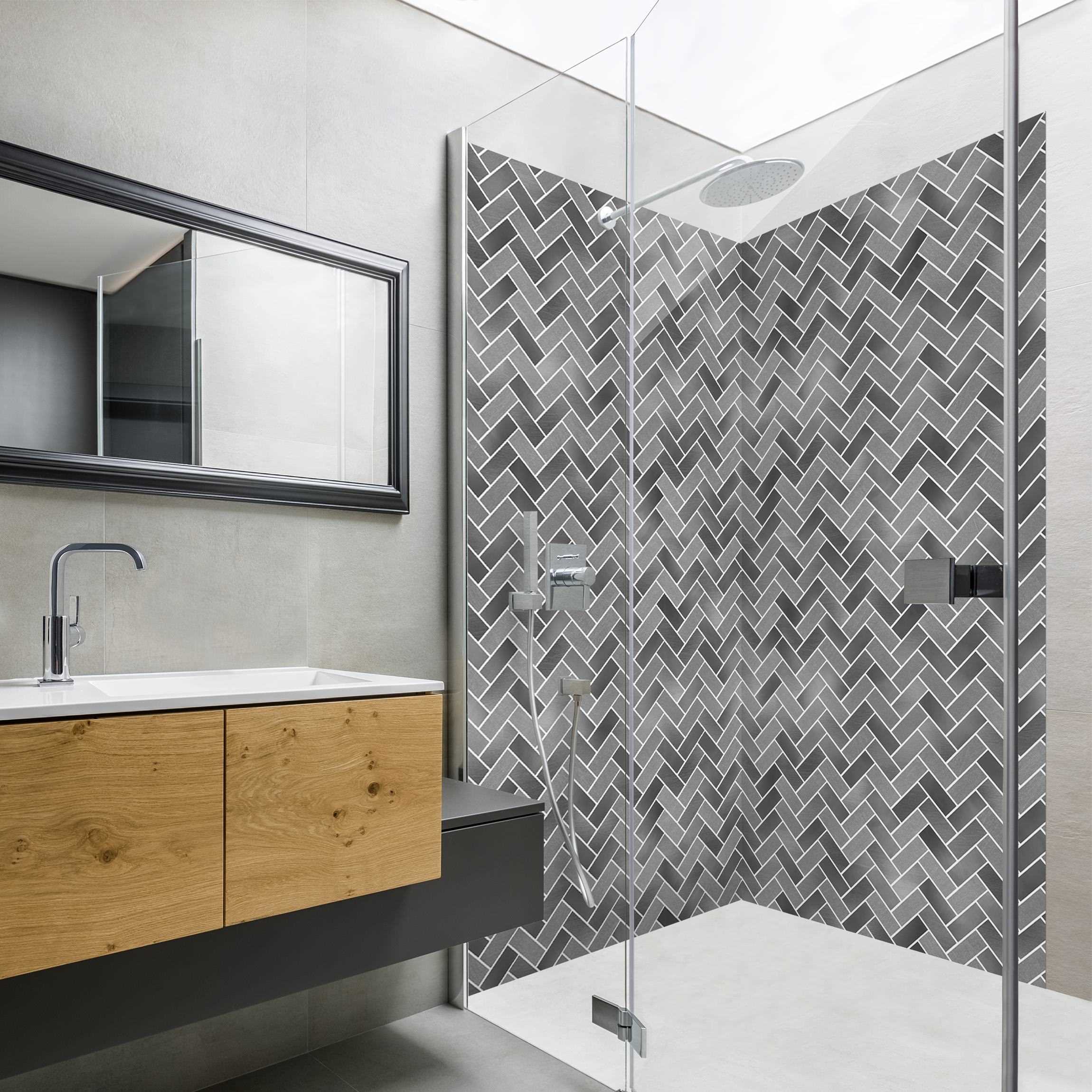 Duschrückwand Fischgräten Fliesen - Anthrazit weiße Fugen