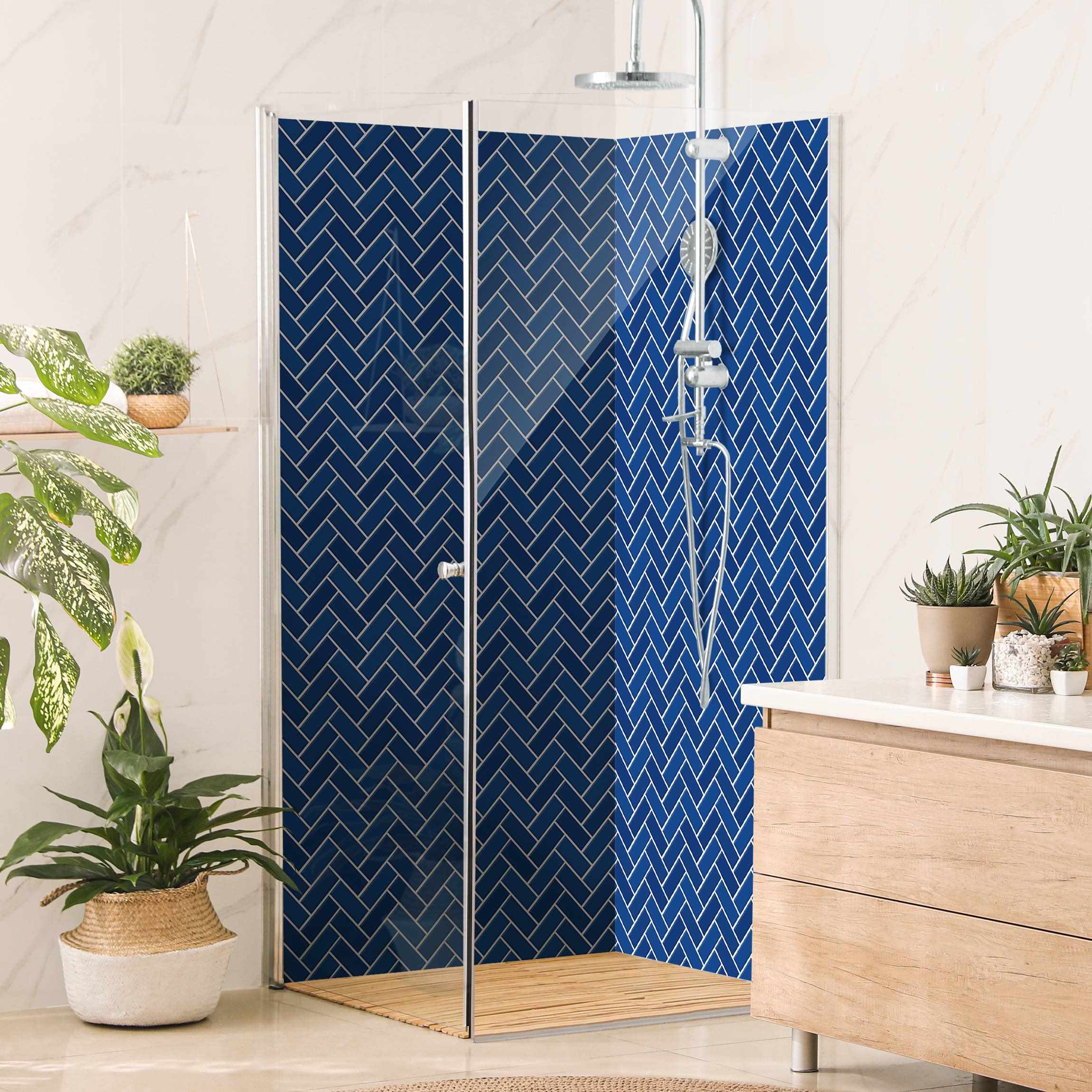 Duschrückwand Fischgräten Fliesen - Blau