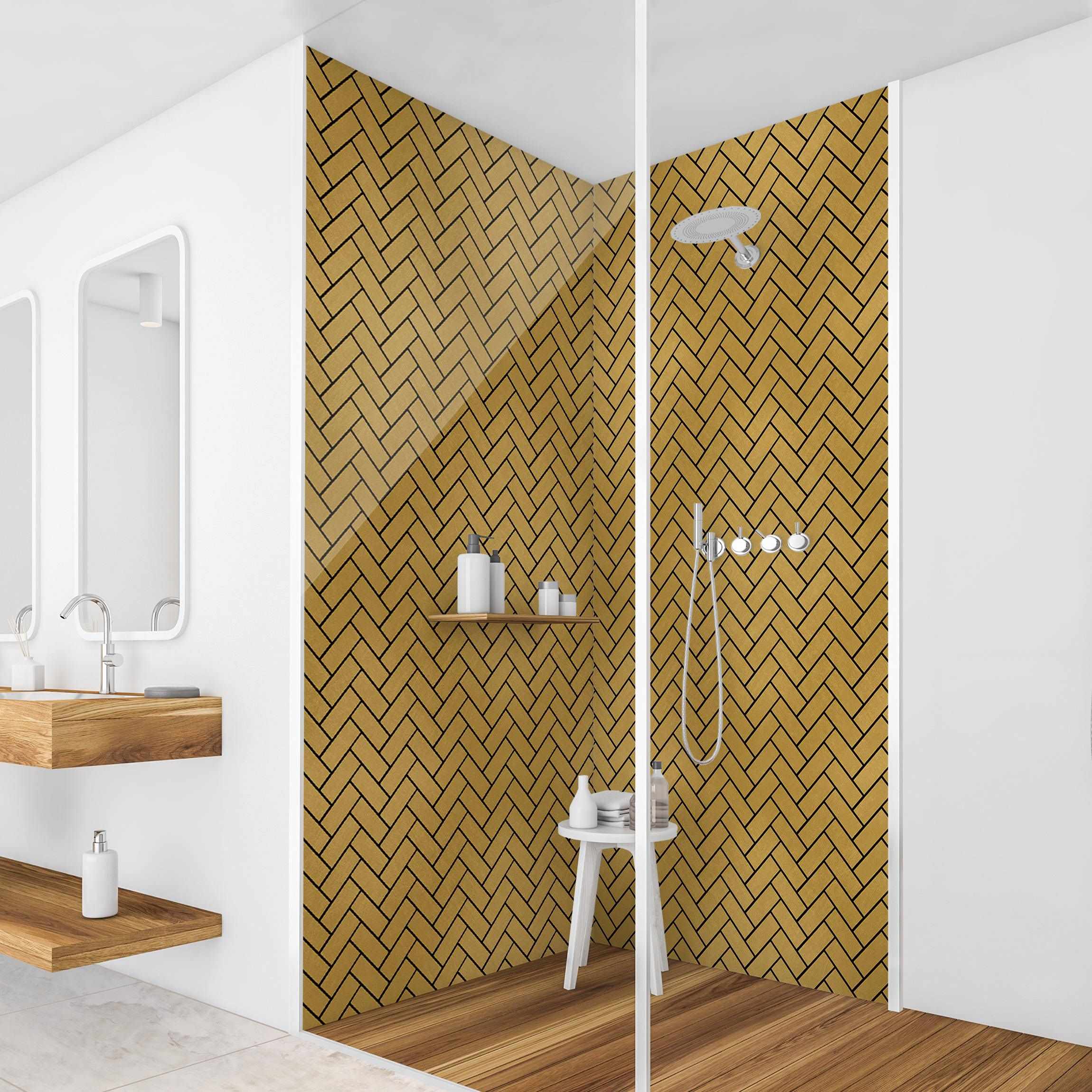 Duschrückwand Fischgräten Fliesen - Goldoptik schwarze Fugen