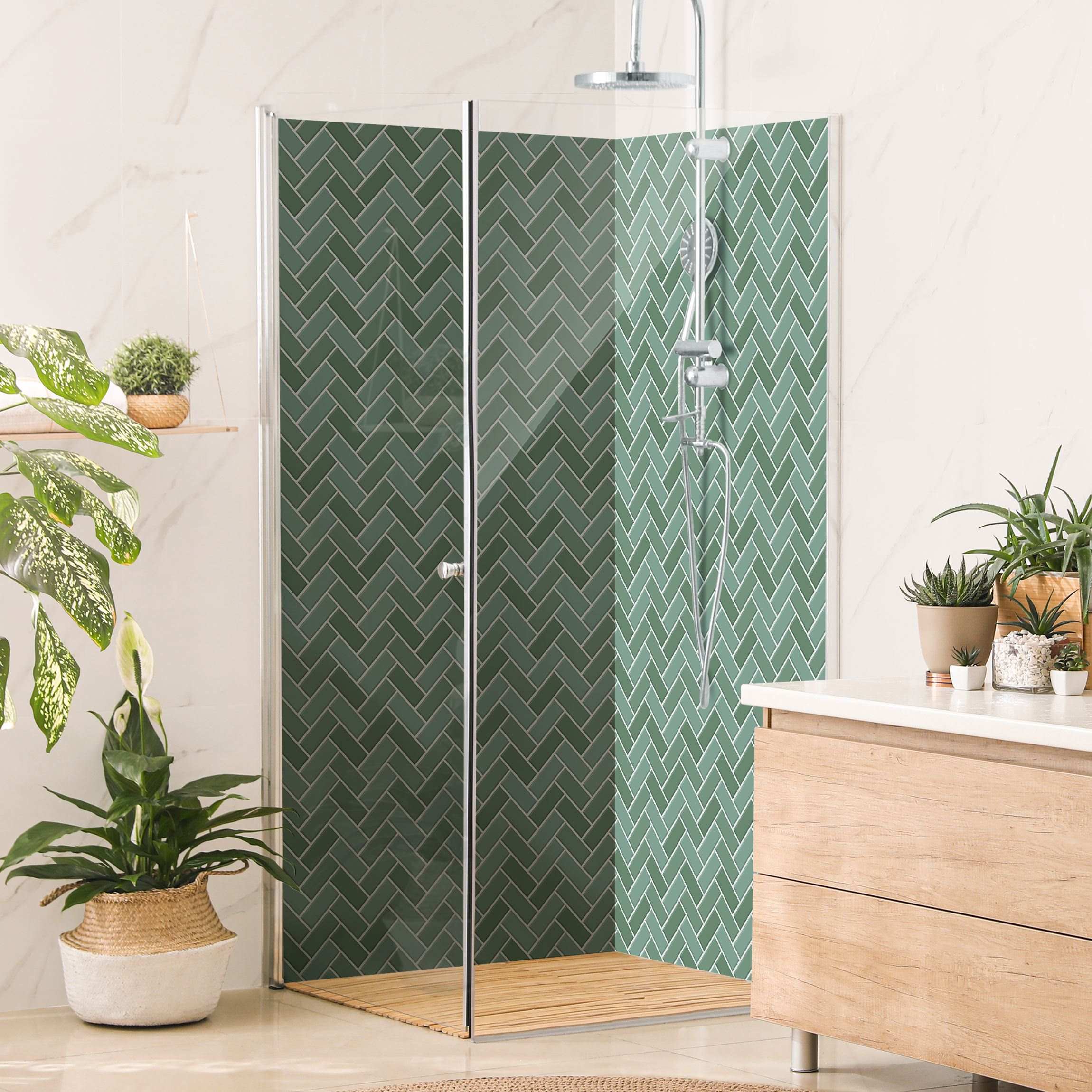 Duschrückwand Fischgräten Fliesen - Grün
