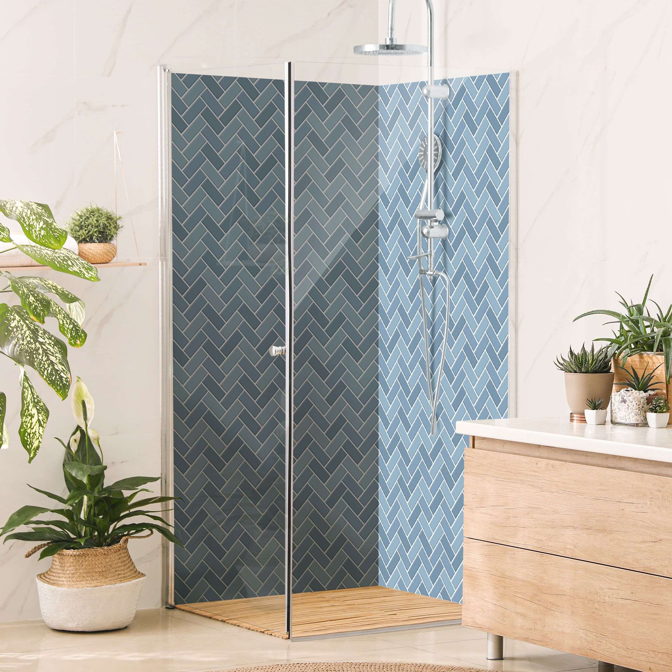 Duschrückwand Fischgräten Fliesen - Hellblau