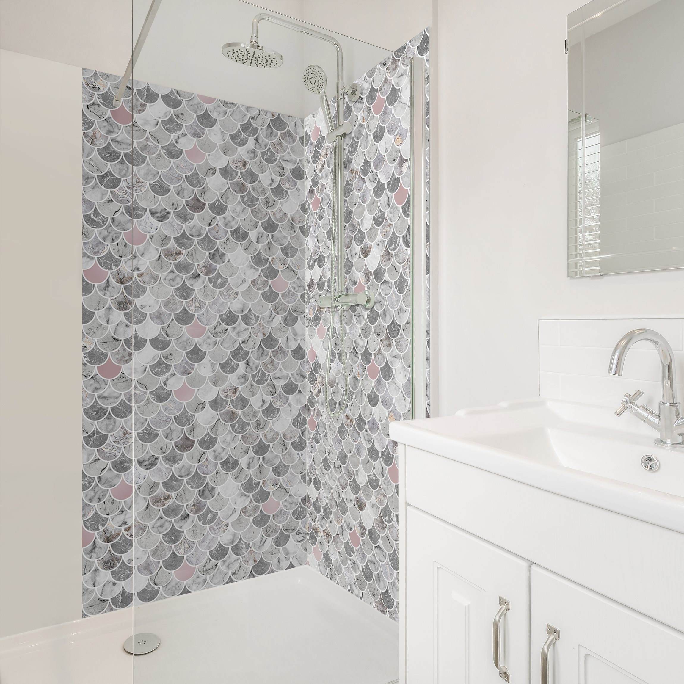 Duschrückwand Fischschuppen Fliesen Marmor - Grau-Roségold