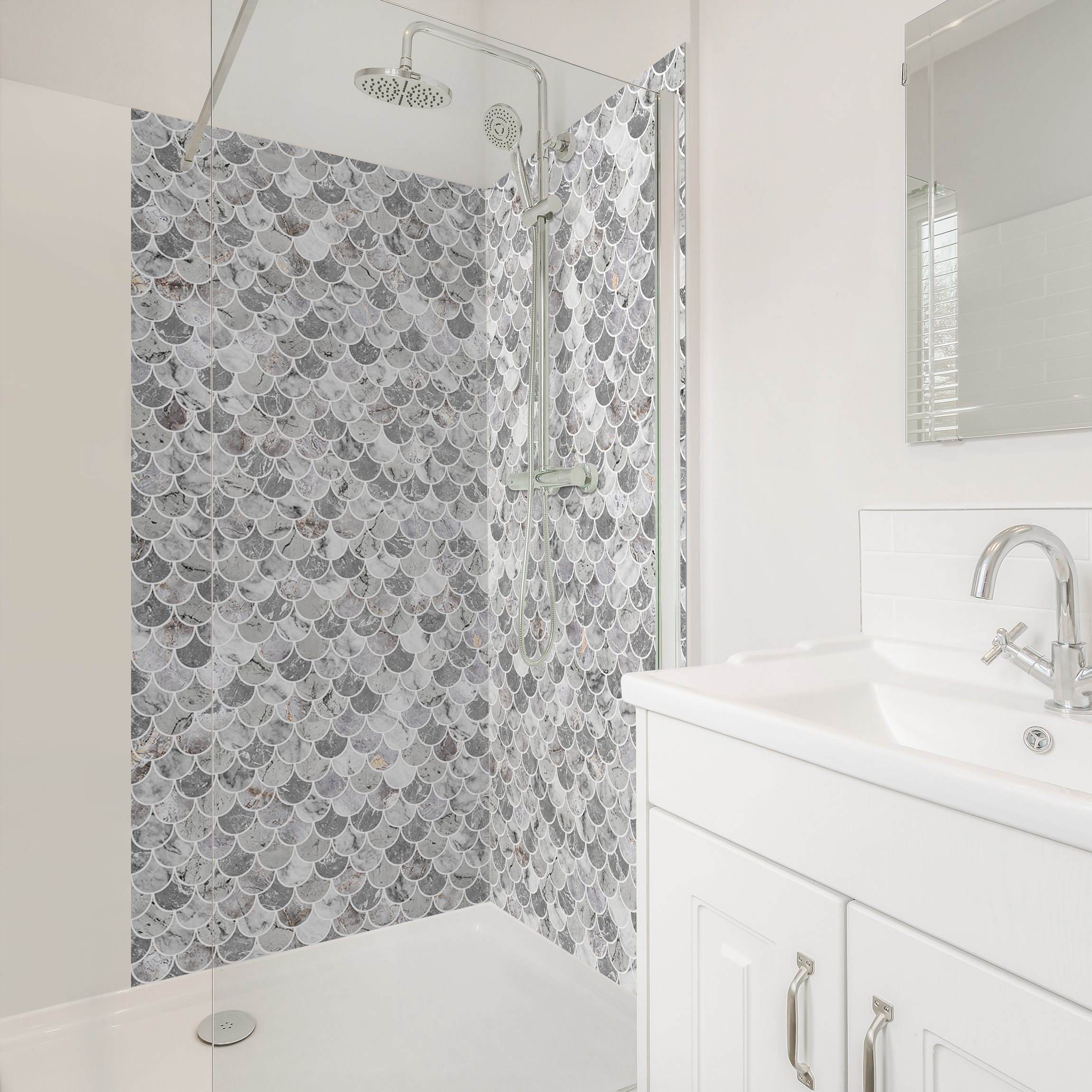 Duschrückwand Fischschuppen Fliesen Marmor - Grau