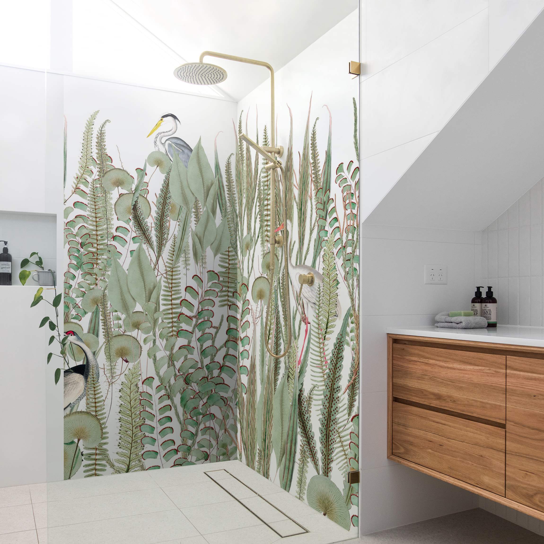 Duschrückwand Flamingo und Storch mit Pflanzen