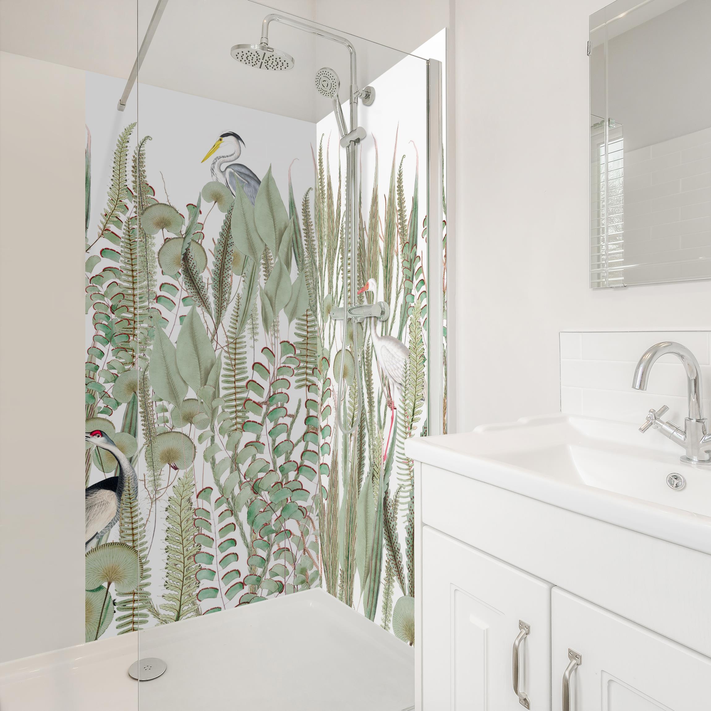 Duschrückwand Flamingo und Storch mit Pflanzen
