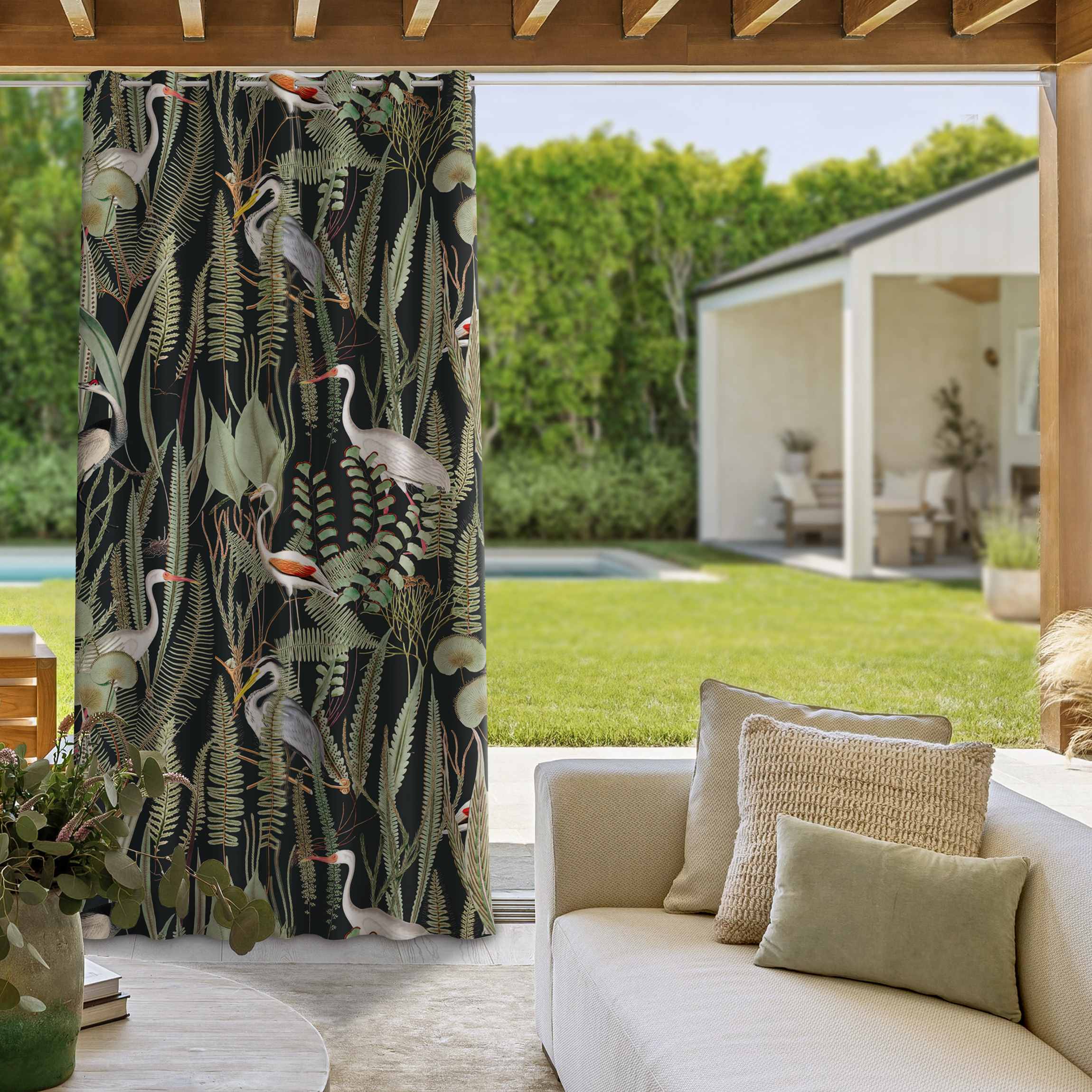 Outdoorvorhang Flamingos und Störche mit Pflanzen auf Grün
