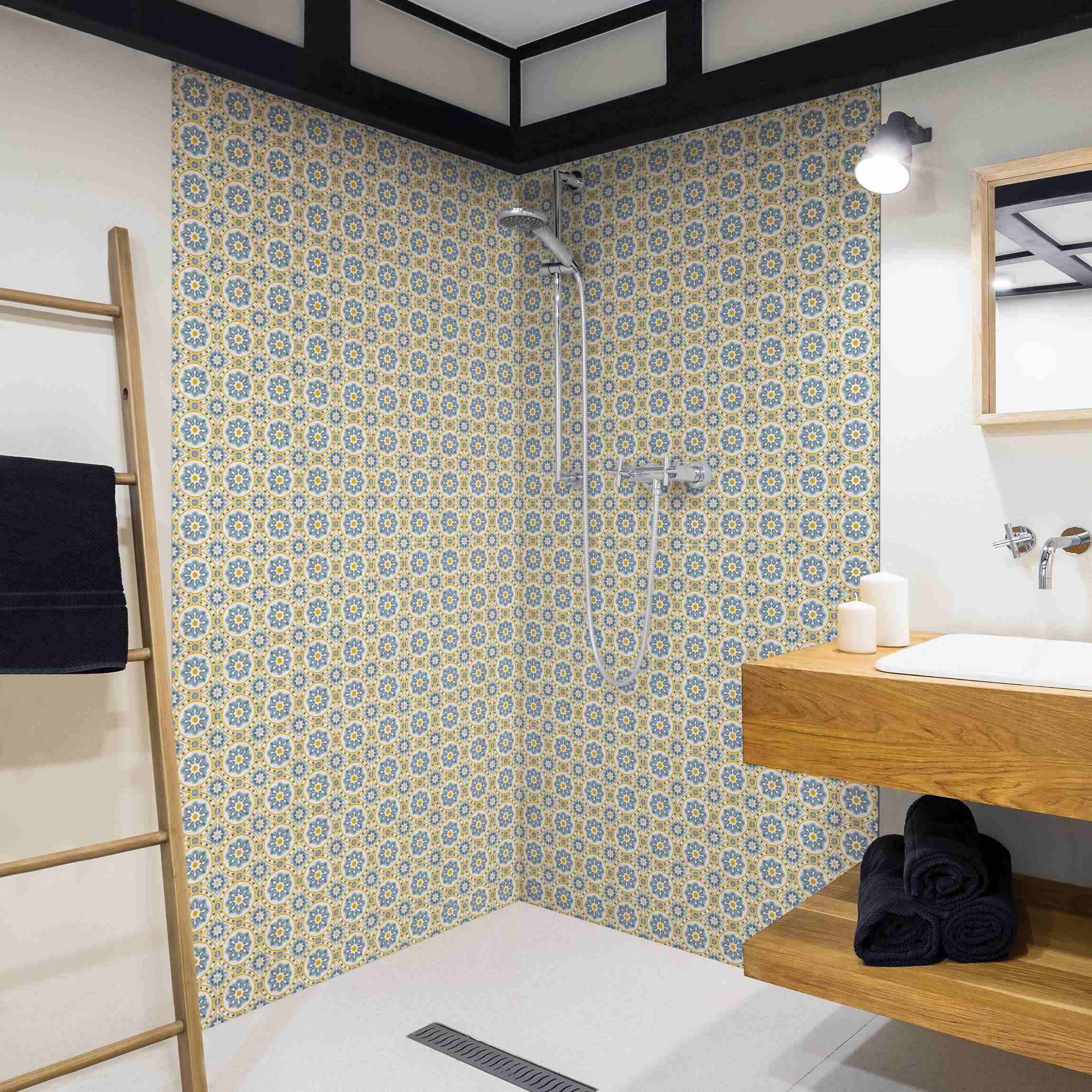 Duschrückwand Florale Fliesen blau-gelb