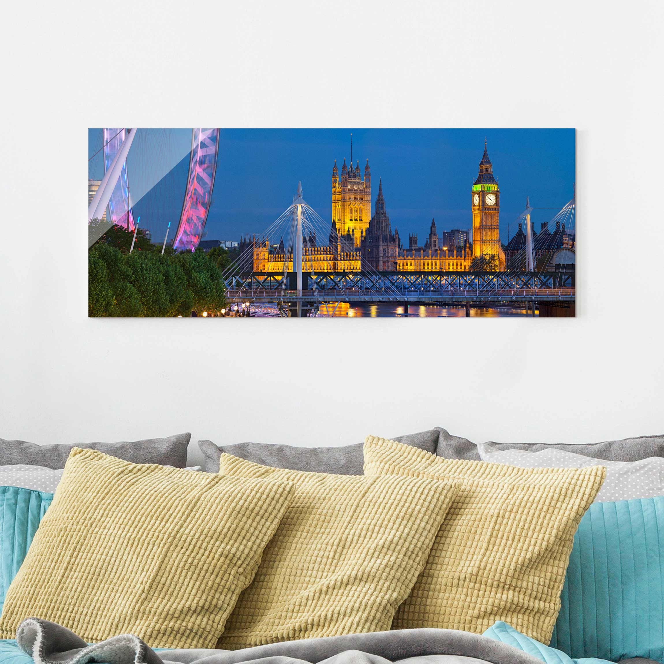 Glasbild - Panorama Big Ben und Westminster Palace in London bei Nacht
