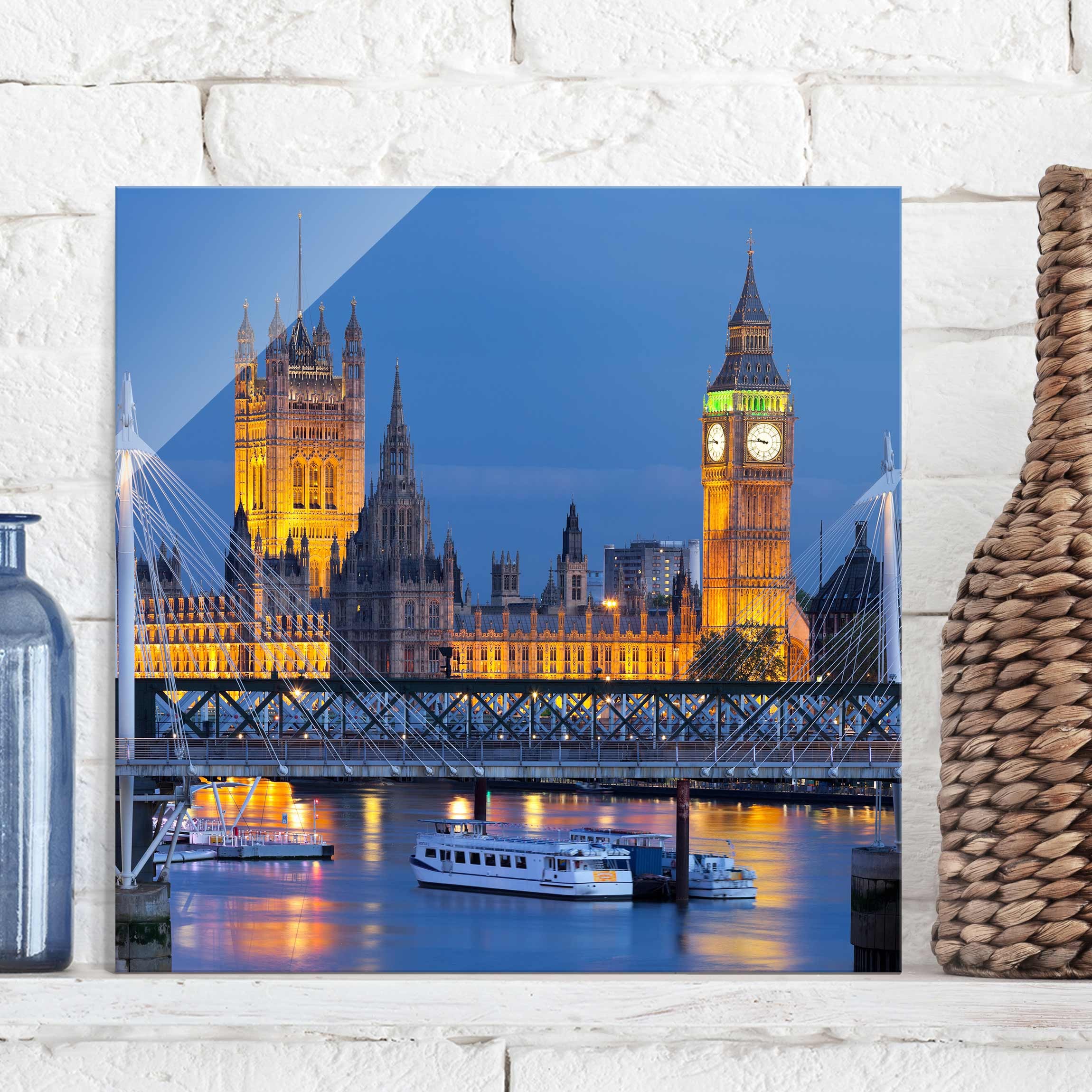 Glasbild Architektur & Skyline Big Ben und Westminster Palace in London bei Nacht