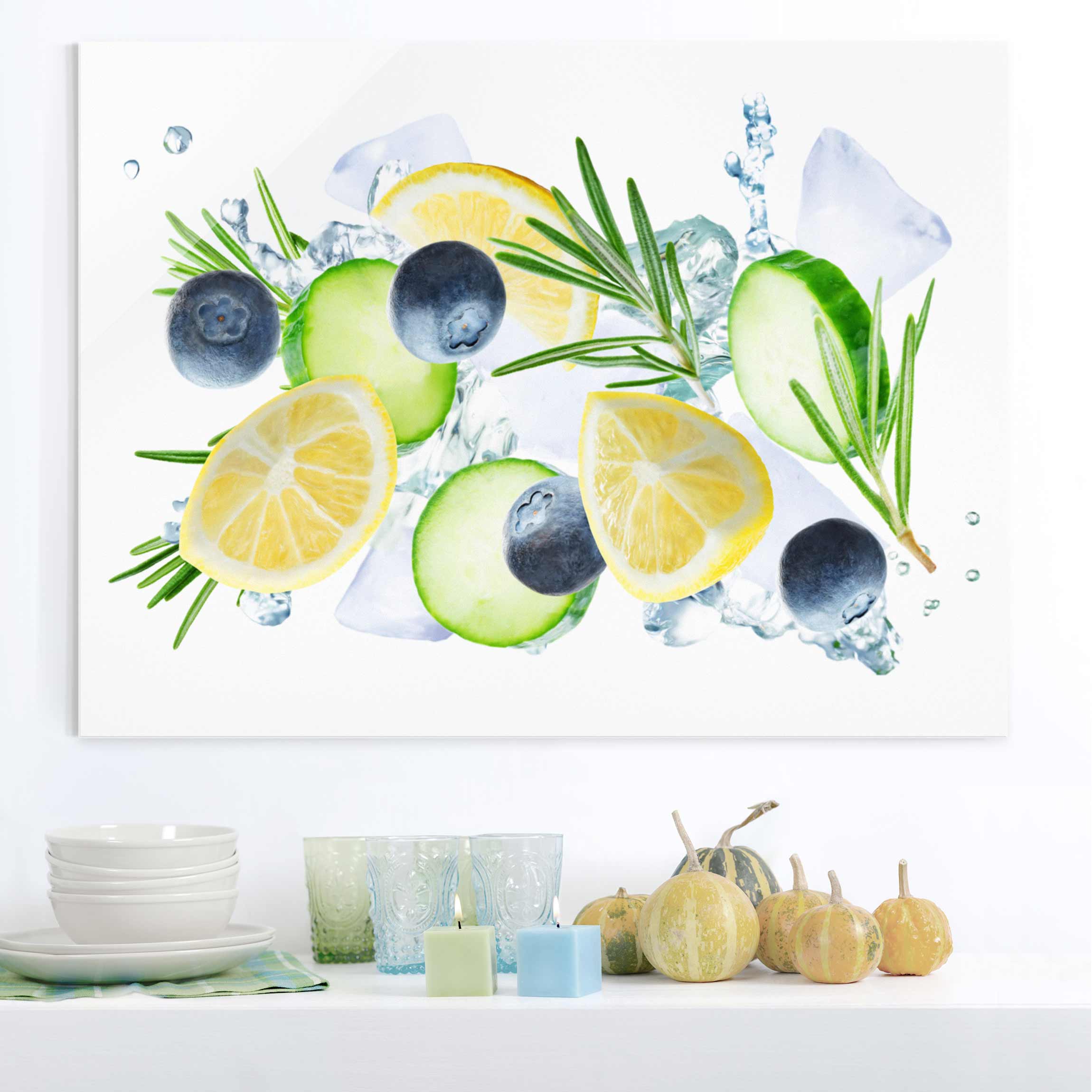Glasbild Küche Blaubeeren Zitronen Eiswürfel Splash