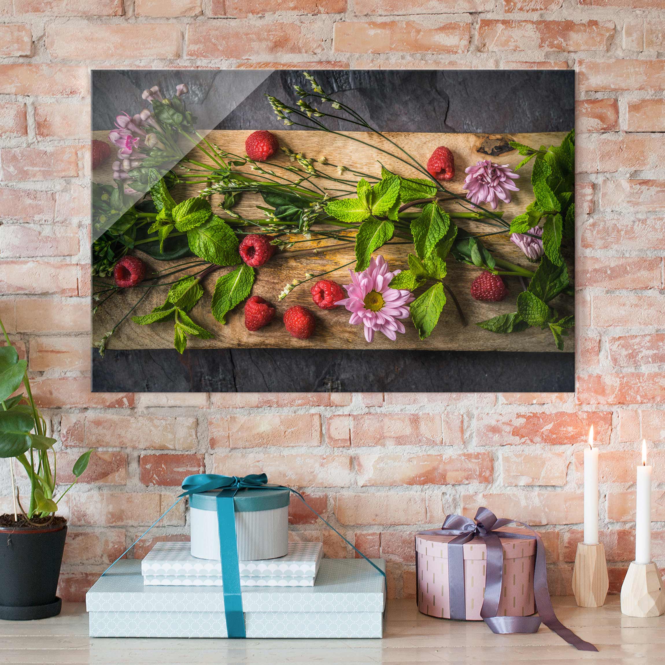 Glasbild Küche Blumen Himbeeren Minze