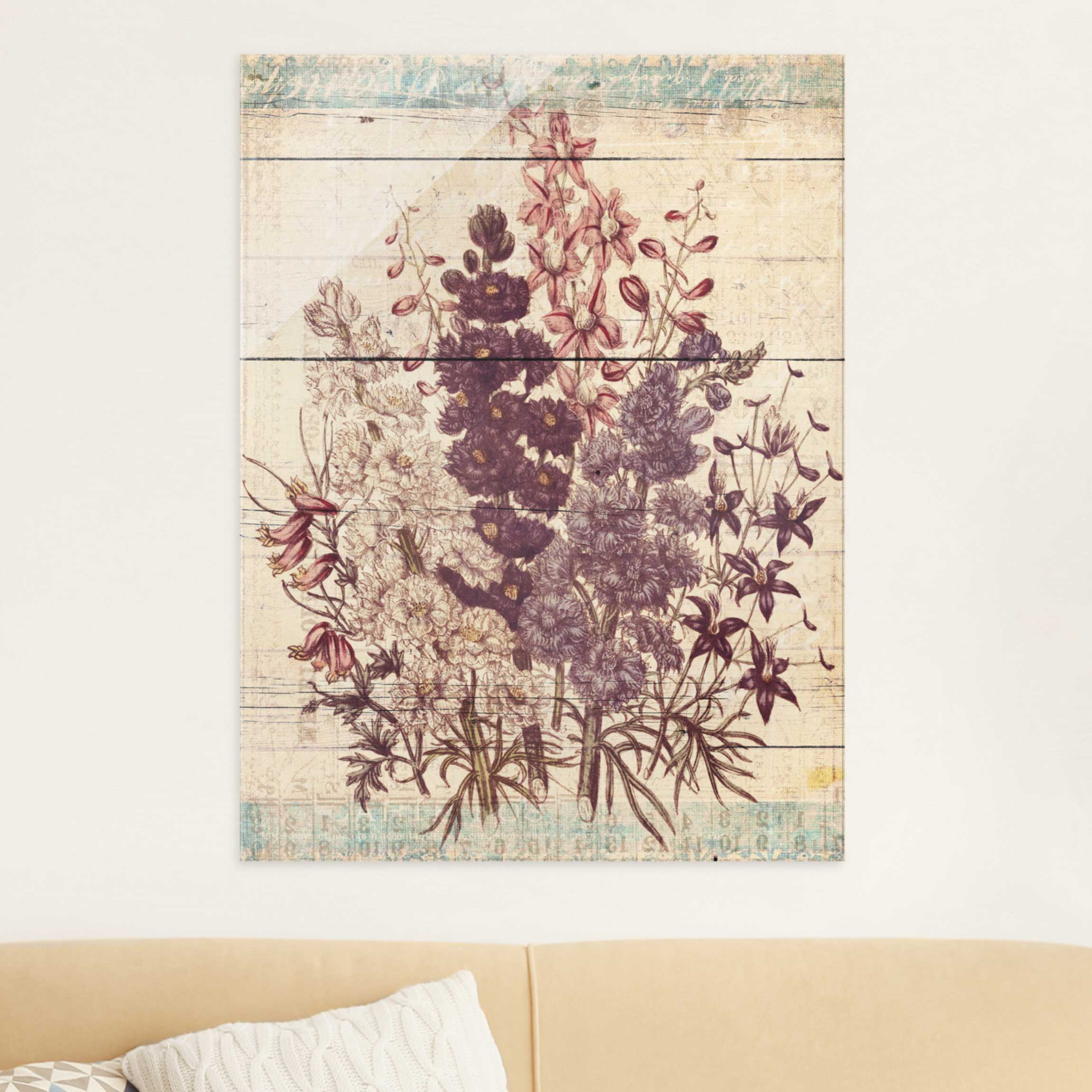 Glasbild Blumen Botanischer Vintage Strauss