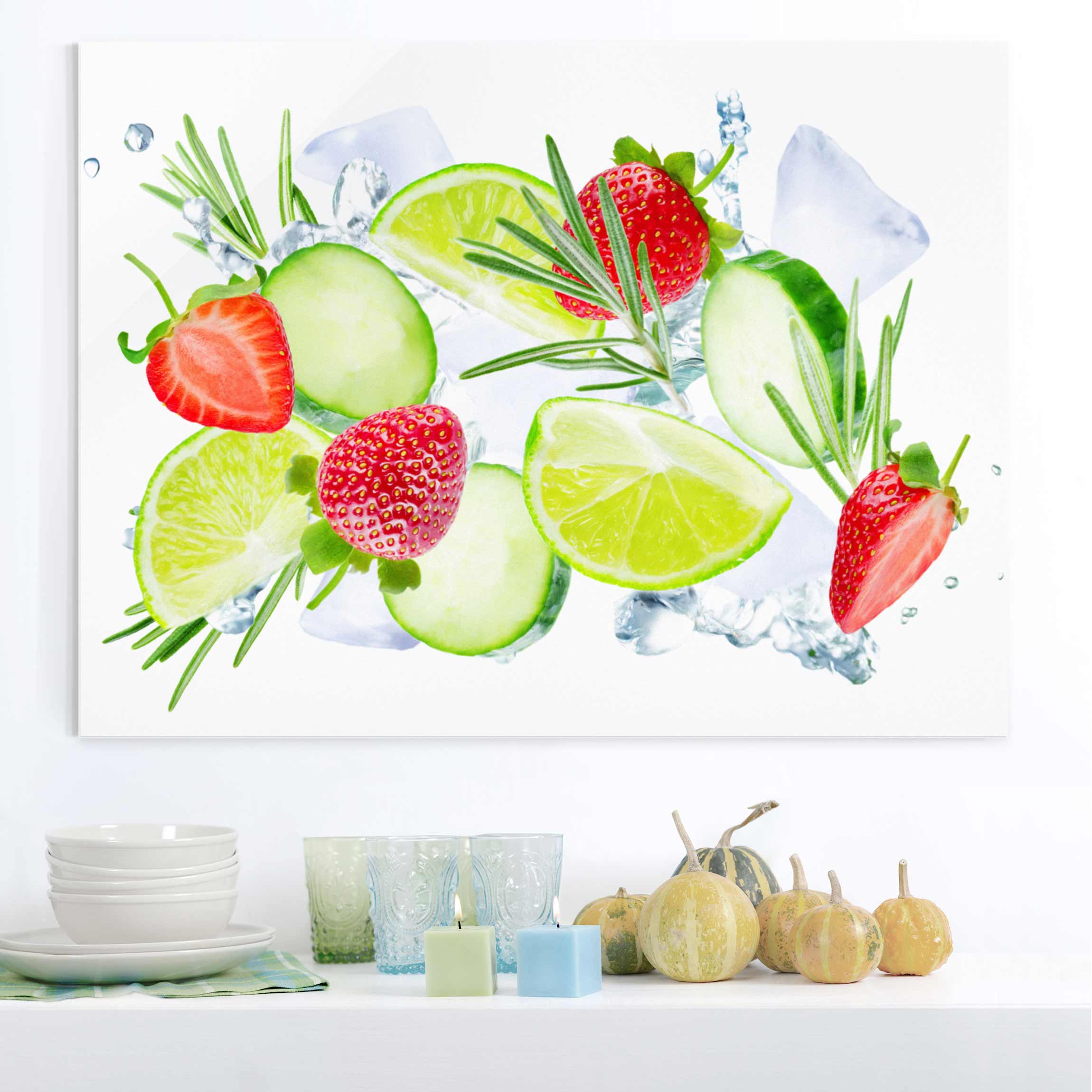 Glasbild Küche Erdbeeren Limetten Eiswürfel Splash