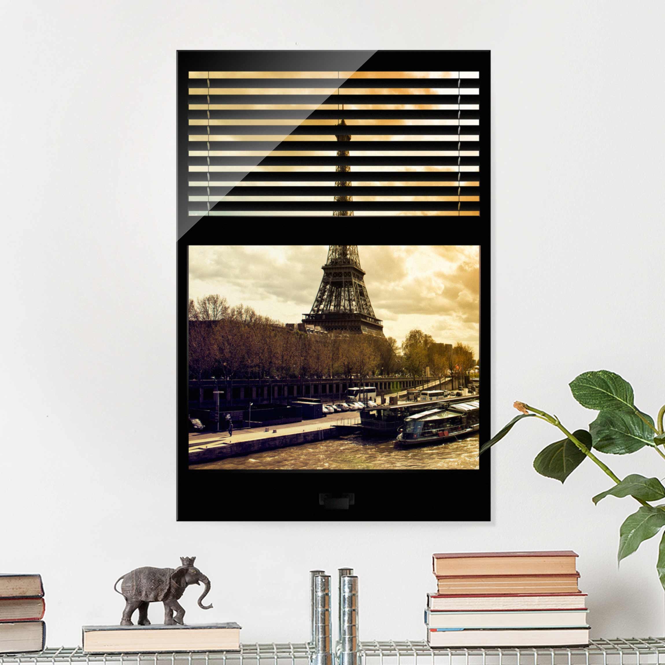 Glasbild Architektur & Skyline Fensterausblick Jalousie - Paris Eiffelturm Sonnenuntergang