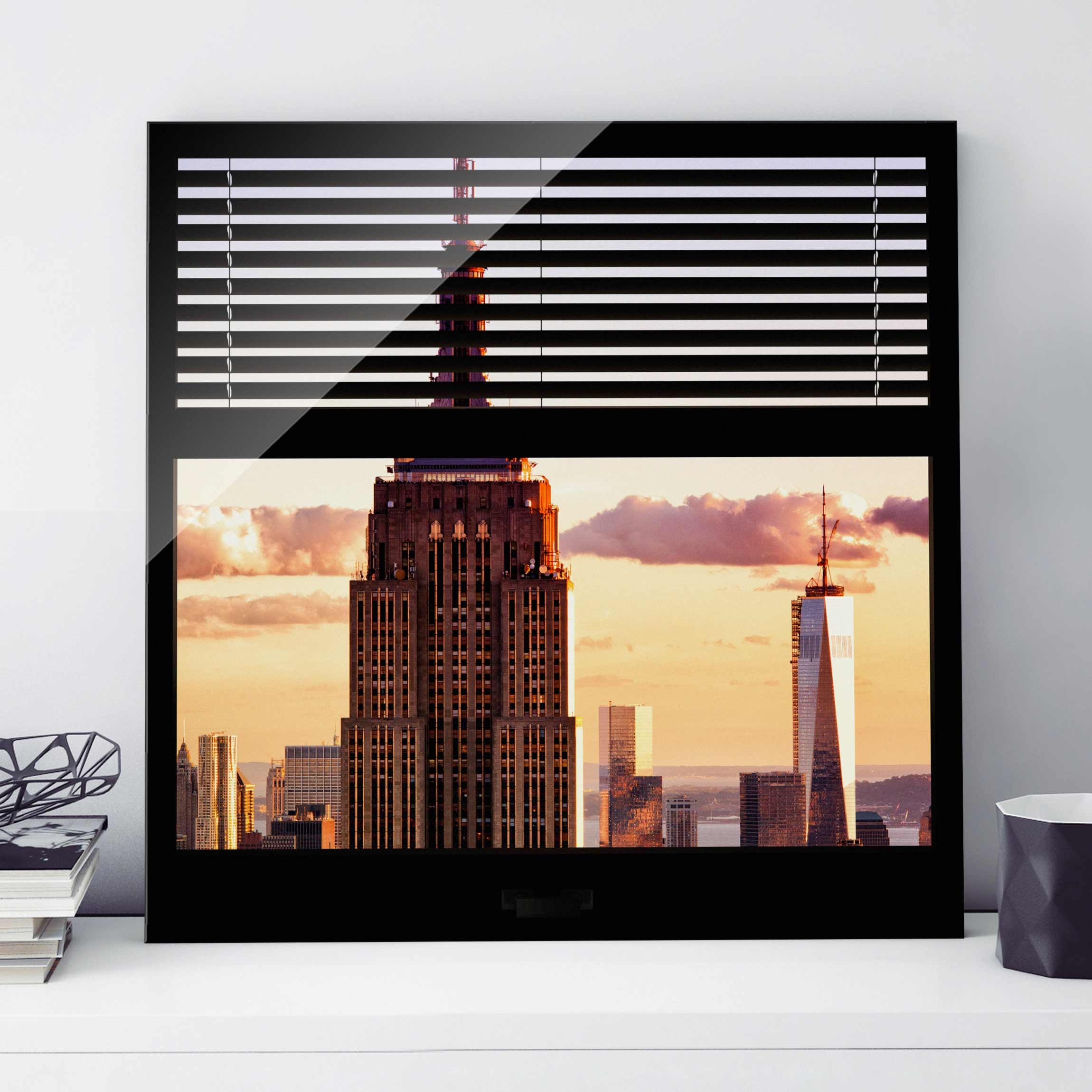 Glasbild - Quadrat Fensterblick Jalousie - Empire State Building New York