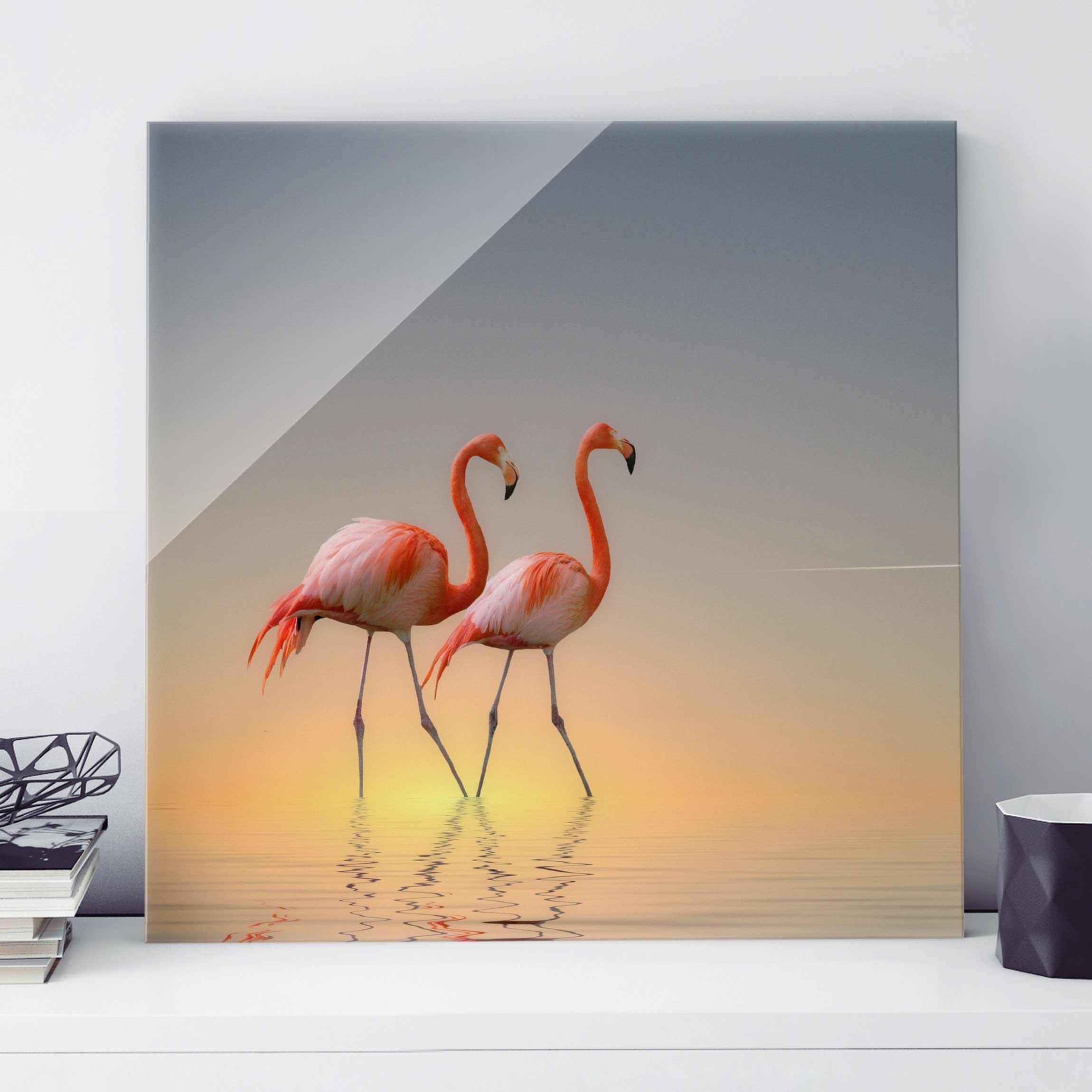 Glasbild Tiere Flamingo Love