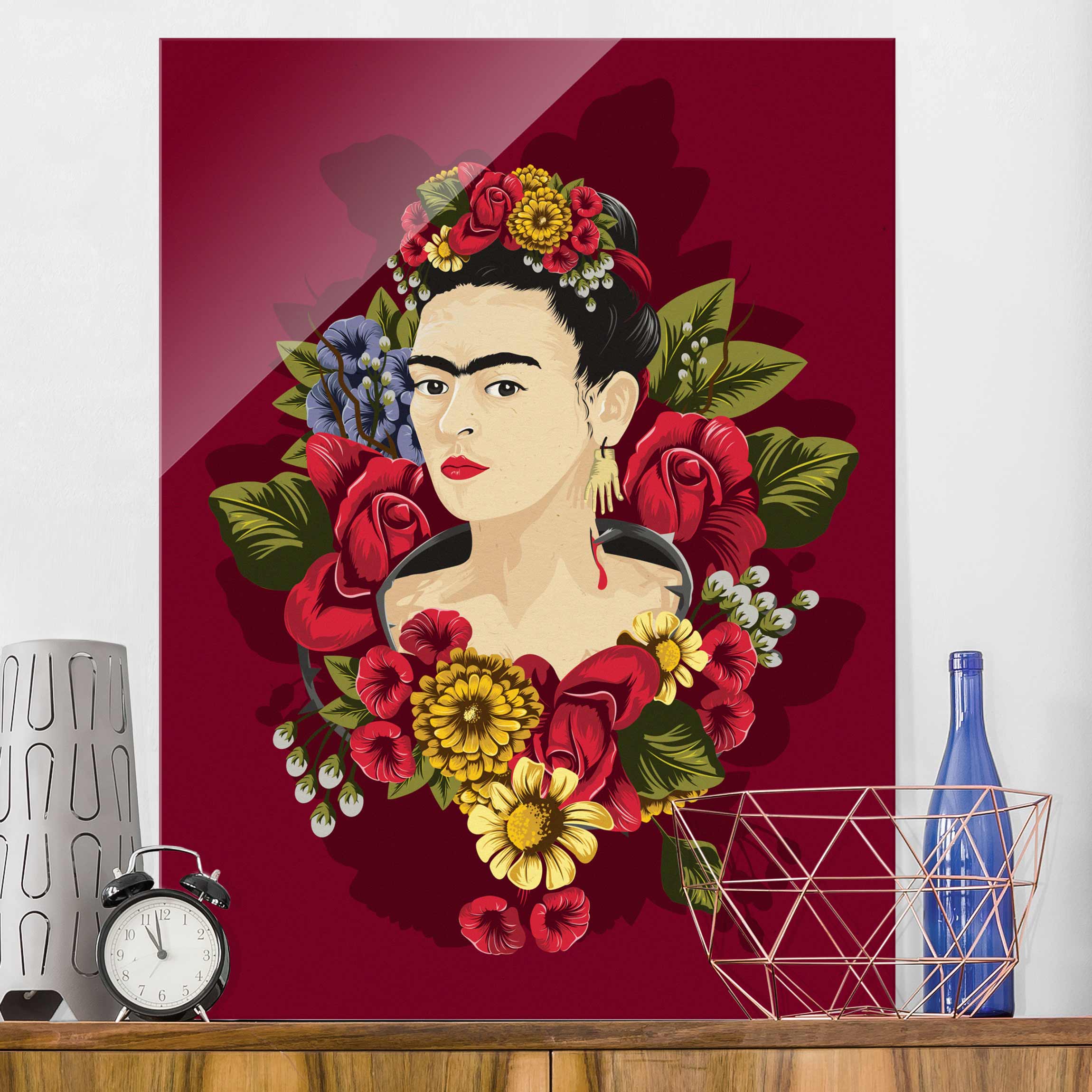 Glasbild - Hochformat Frida Kahlo - Rosen