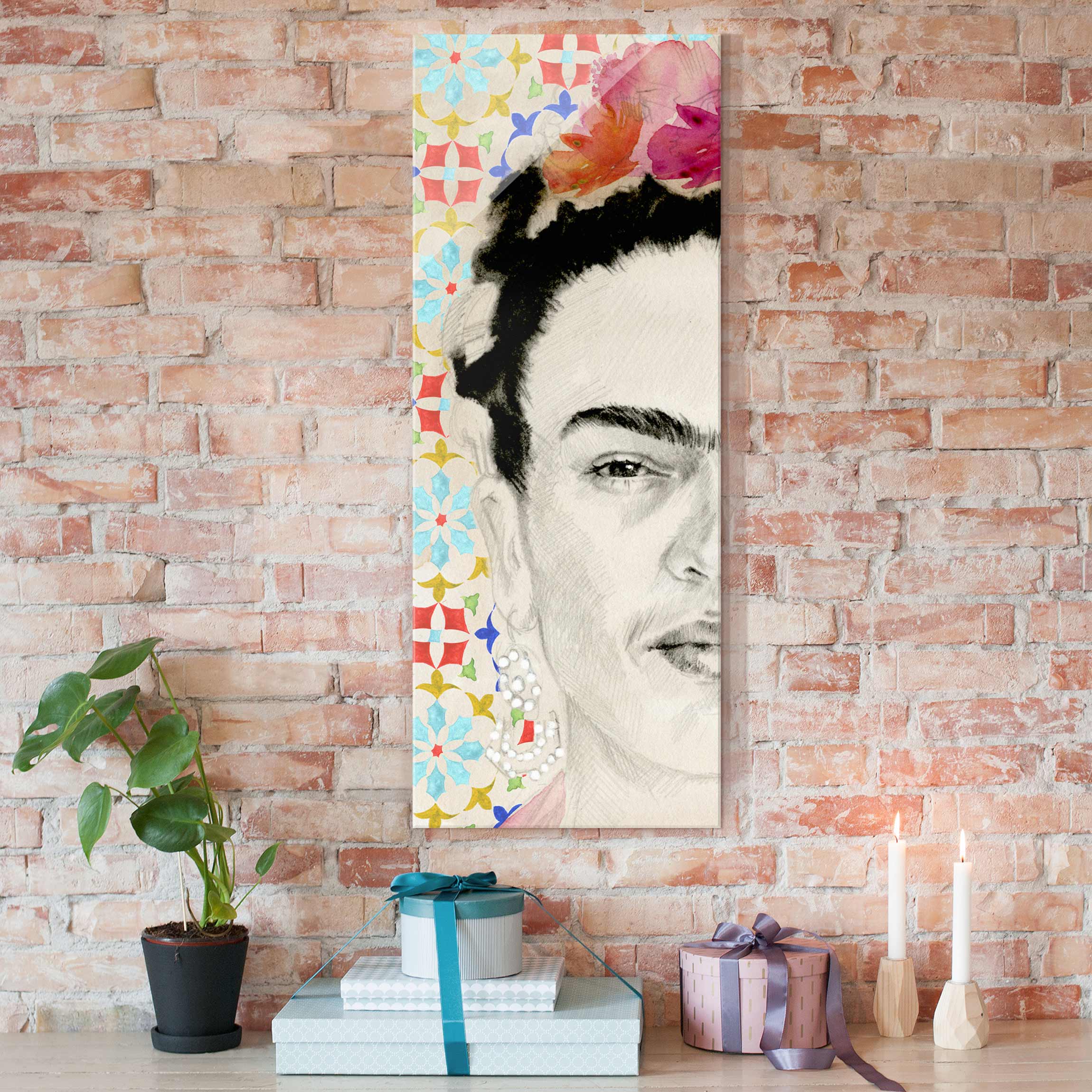Glasbild - Hochformat Frida mit rosa Blüten II