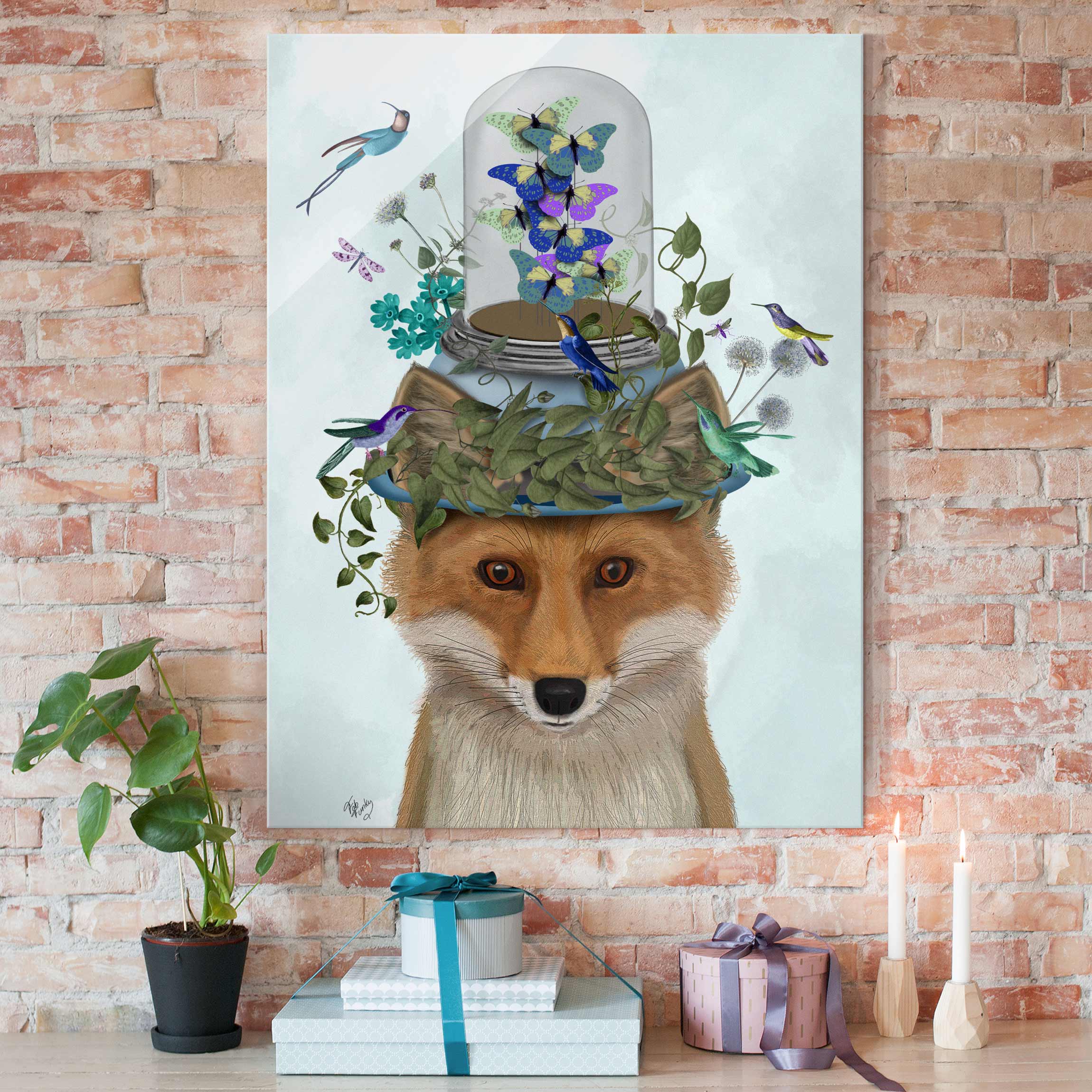 Glasbild Tiere Fuchs mit Schmetterlingshut