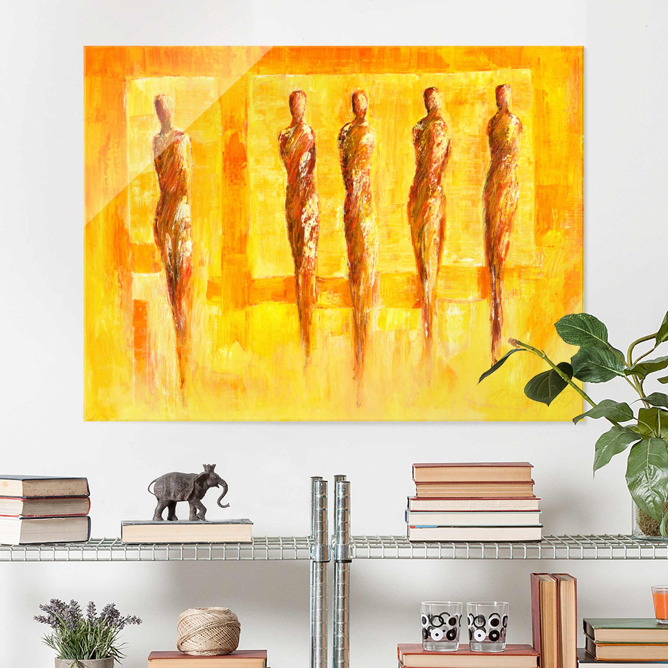 Glasbild Kunstdruck Petra Schüßler - Fünf Figuren in Gelb