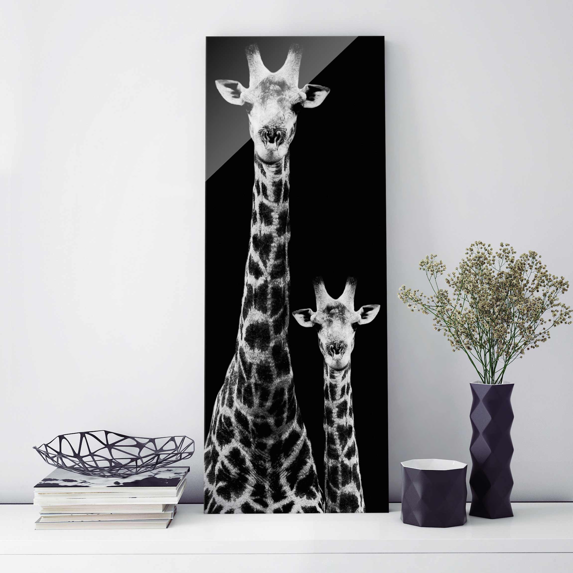 Glasbild Schwarz-Weiß Giraffen Duo schwarz-weiss
