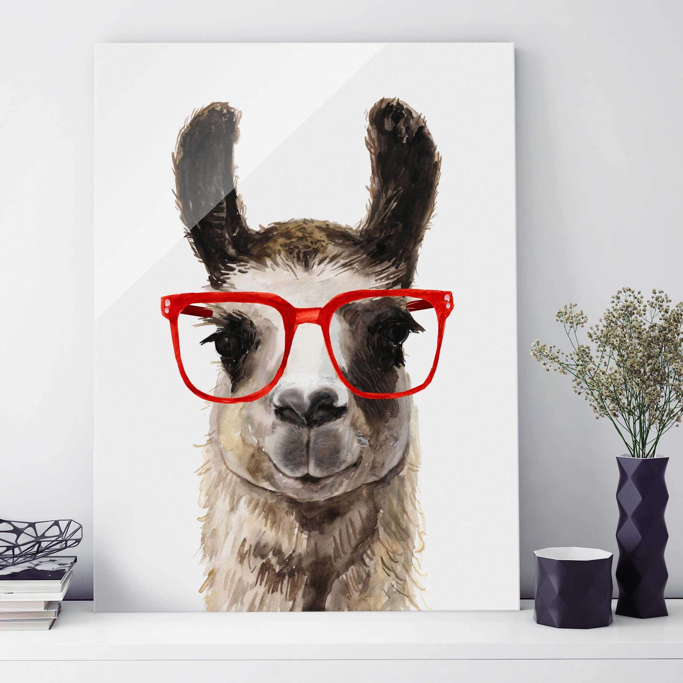 Glasbild Tiere Hippes Lama mit Brille II