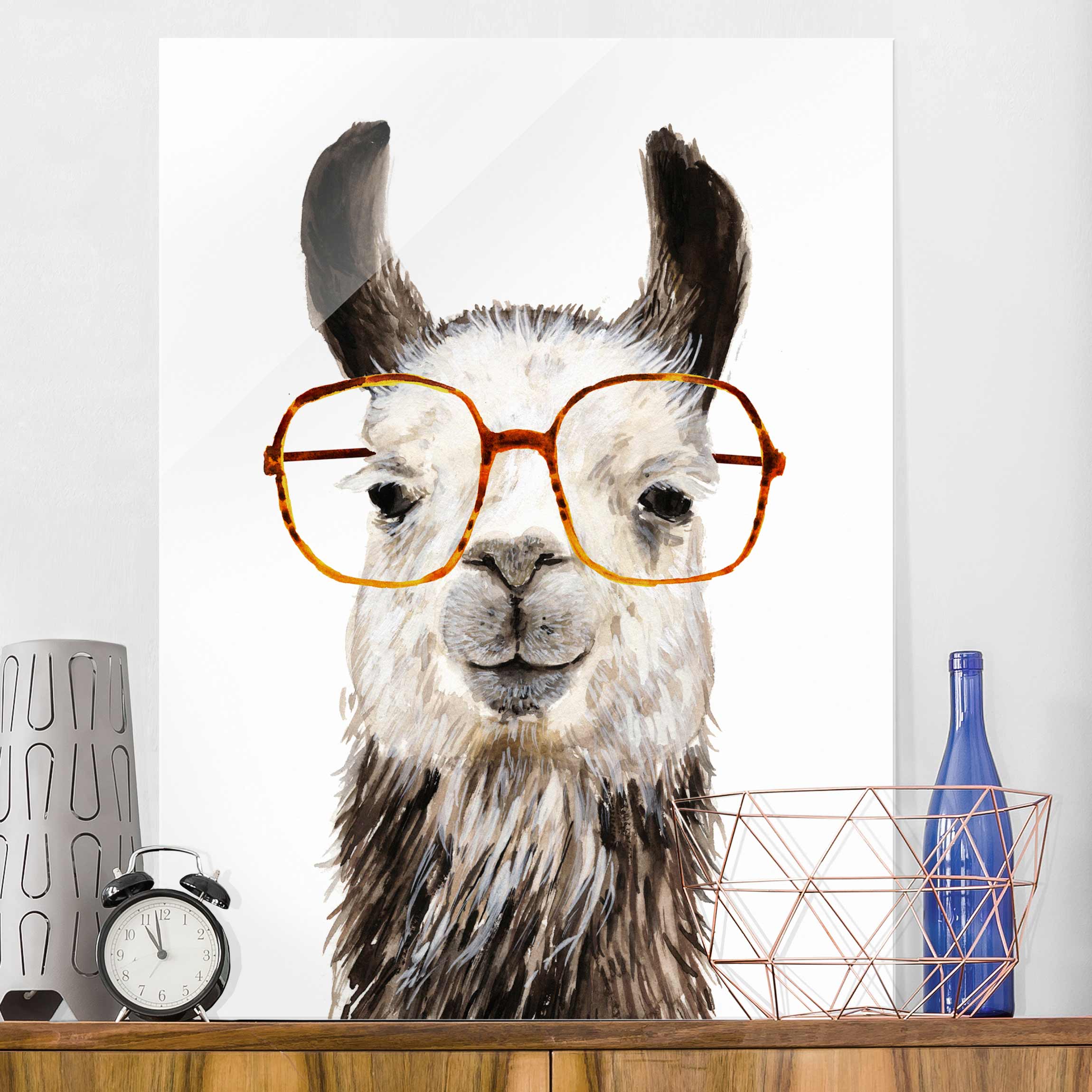 Glasbild Tiere Hippes Lama mit Brille IV