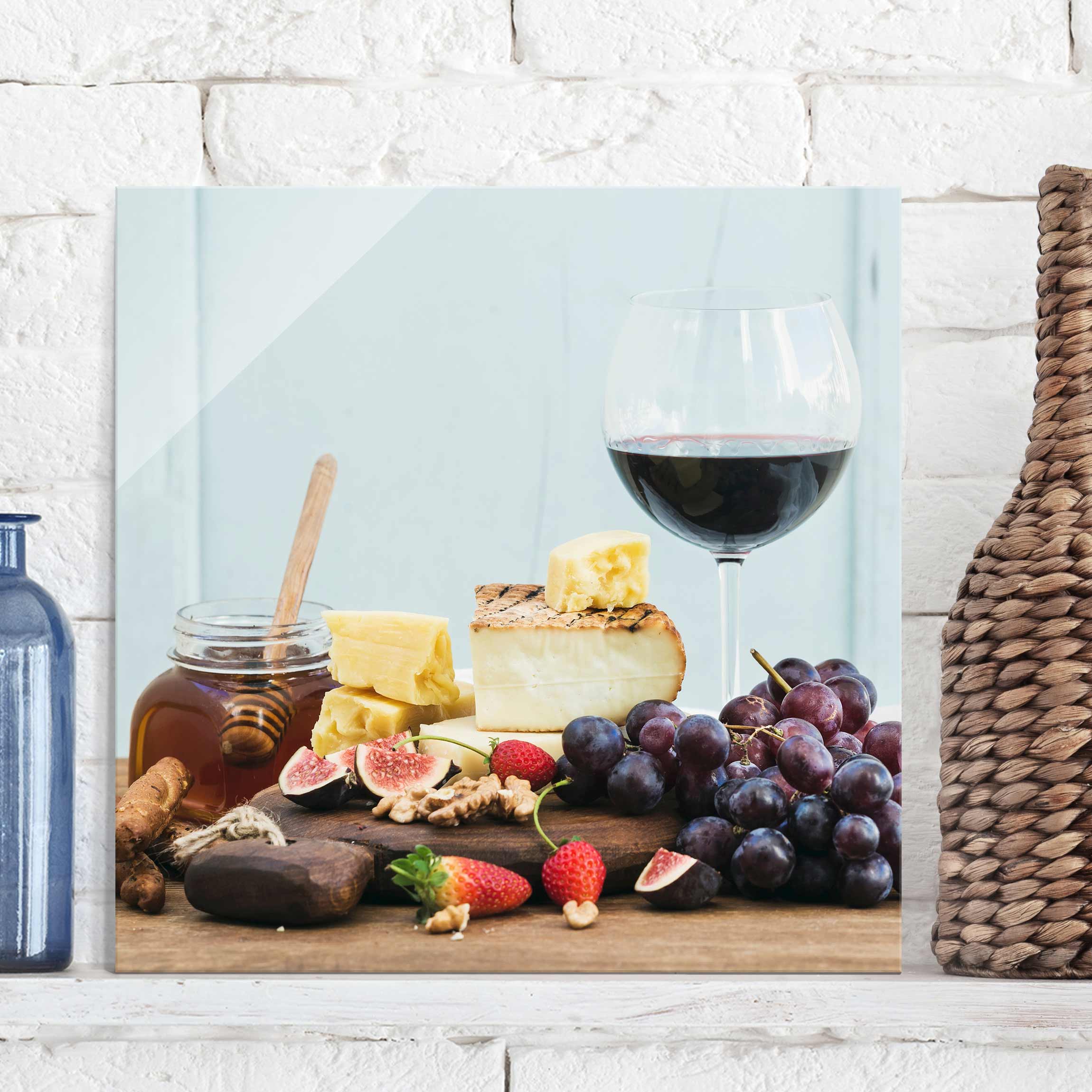 Glasbild - Quadrat Käse und Wein