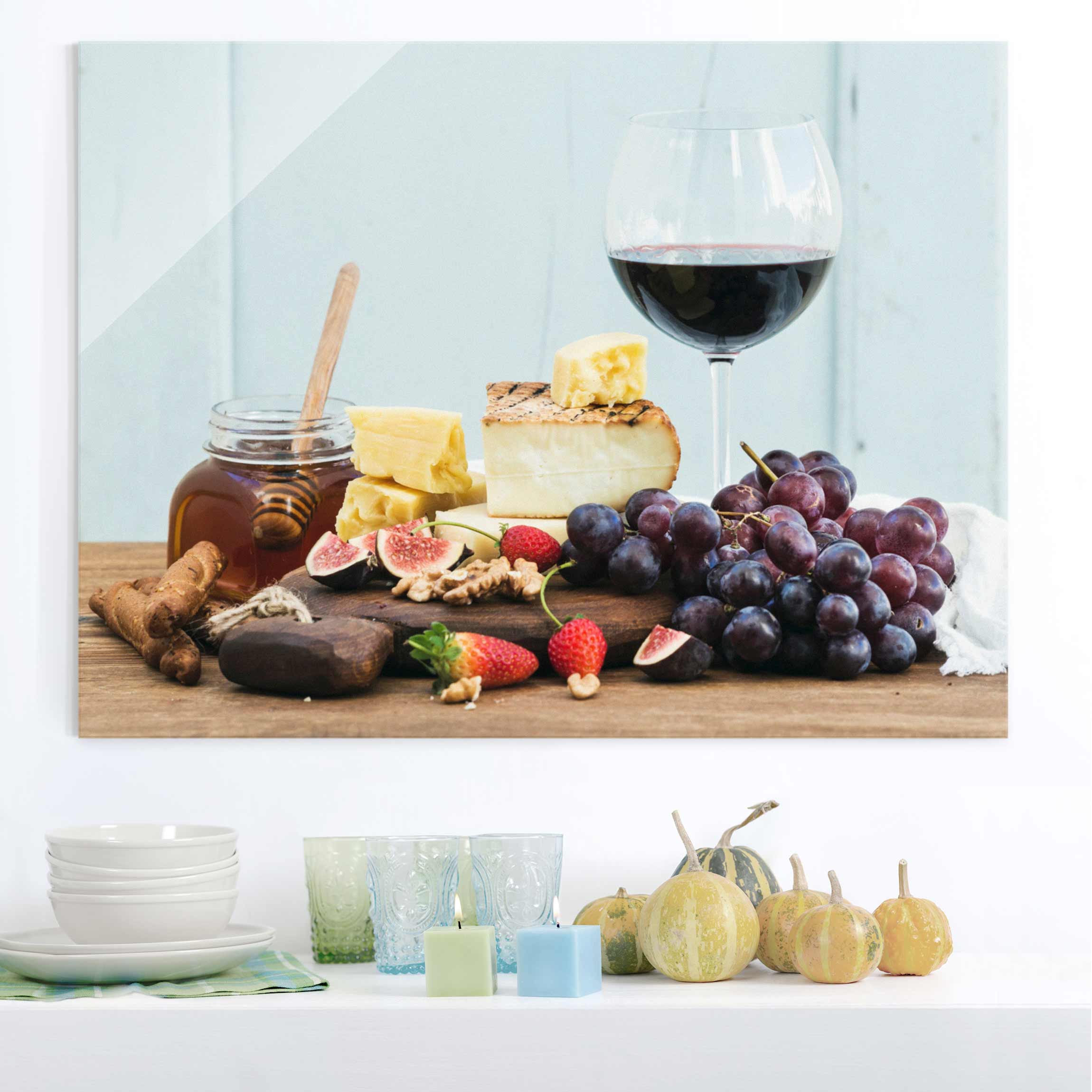 Glasbild - Querformat Käse und Wein