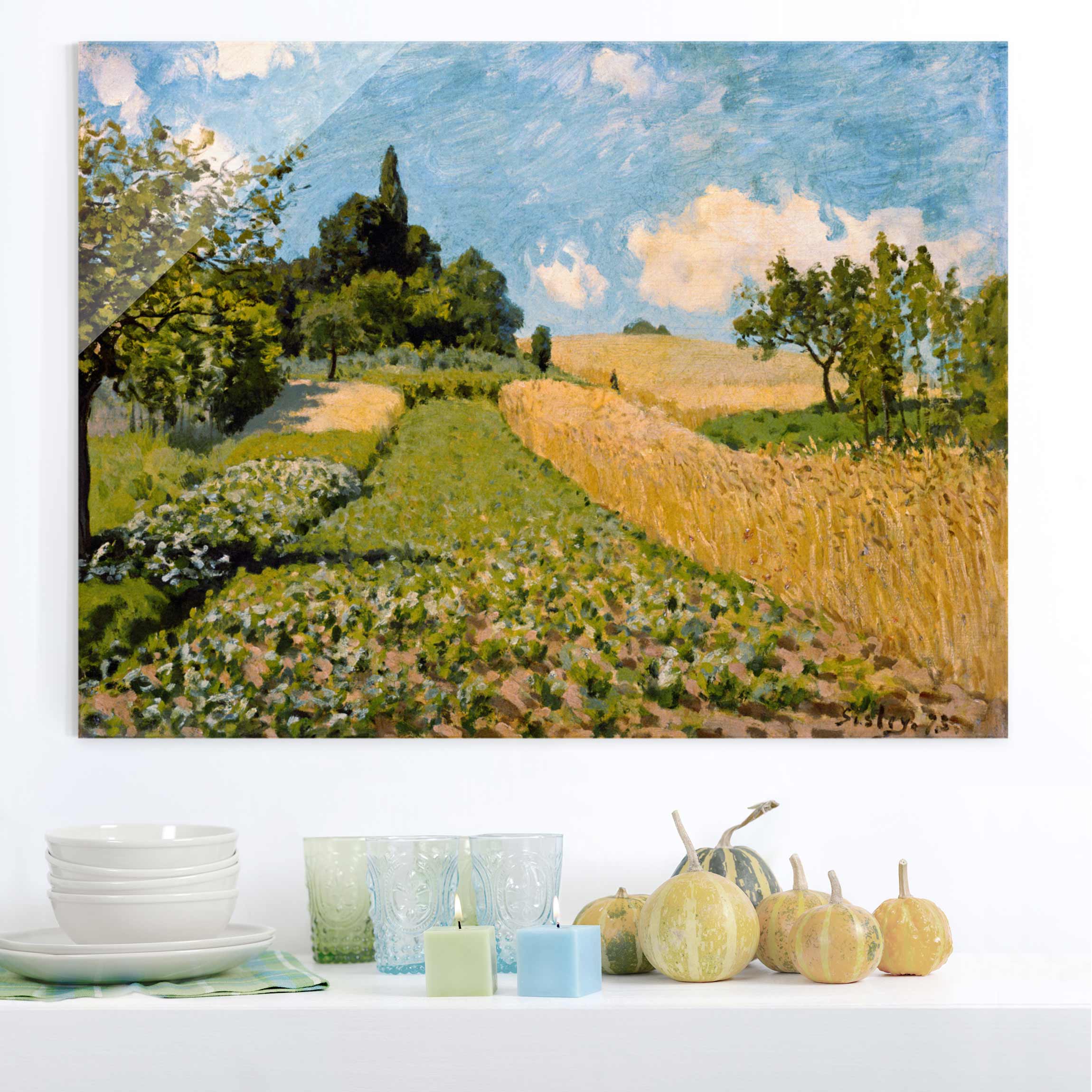 Glasbild Kunstdruck - Querformat Alfred Sisley - Sommerlandschaft mit Feldern