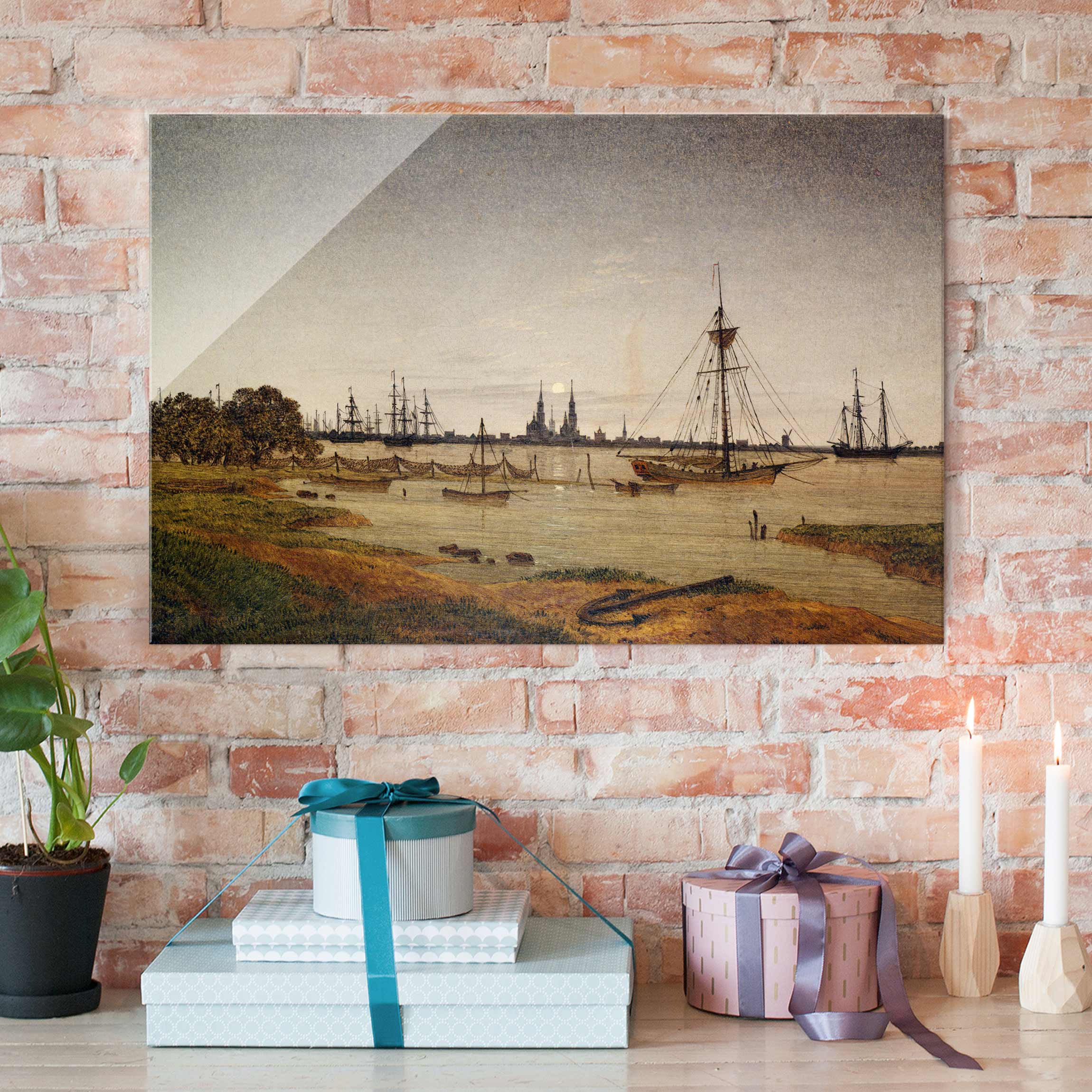 Glasbild - Querformat Caspar David Friedrich - Hafen bei Mondschein