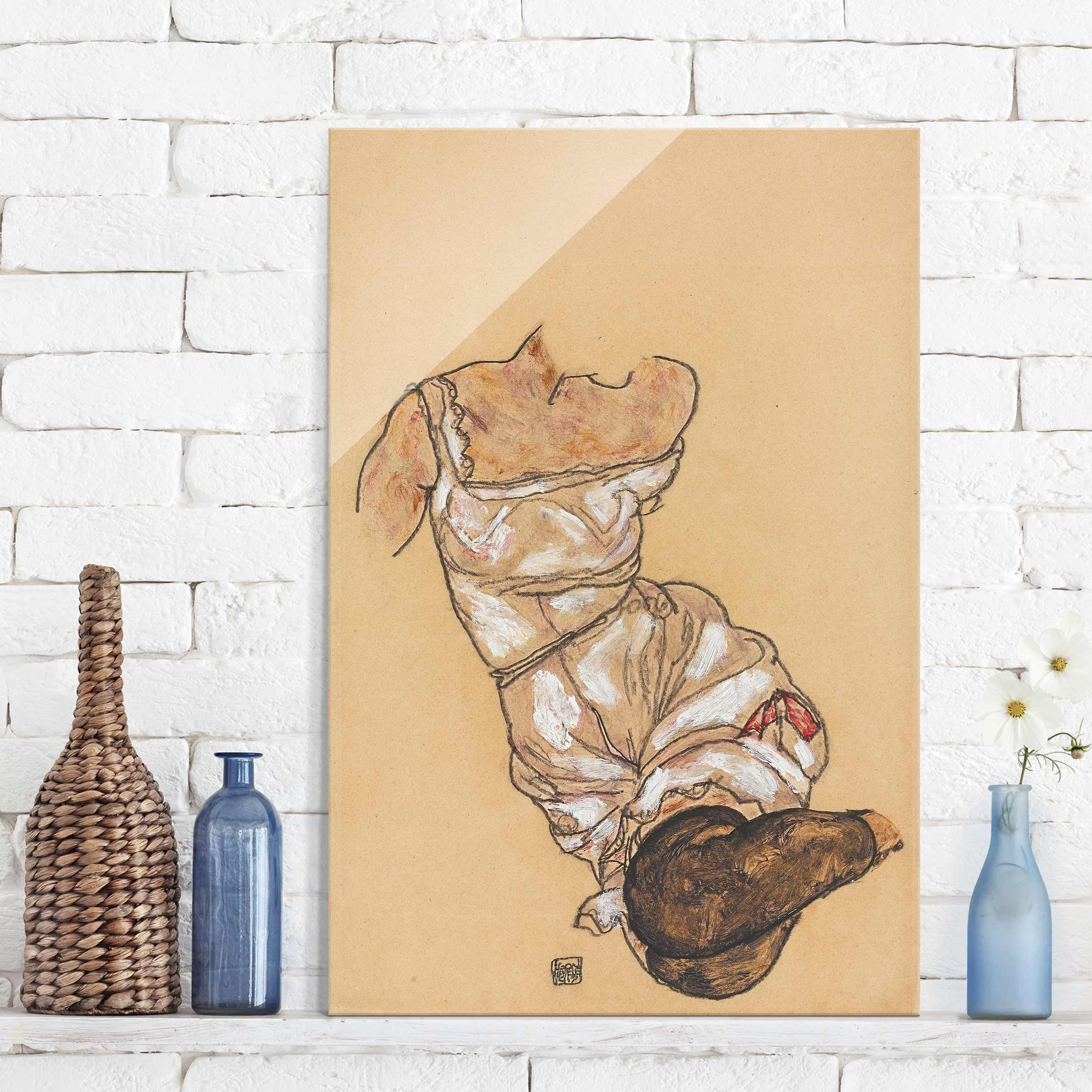 Glasbild - Hochformat Egon Schiele - Weiblicher Torso in Unterwäsche