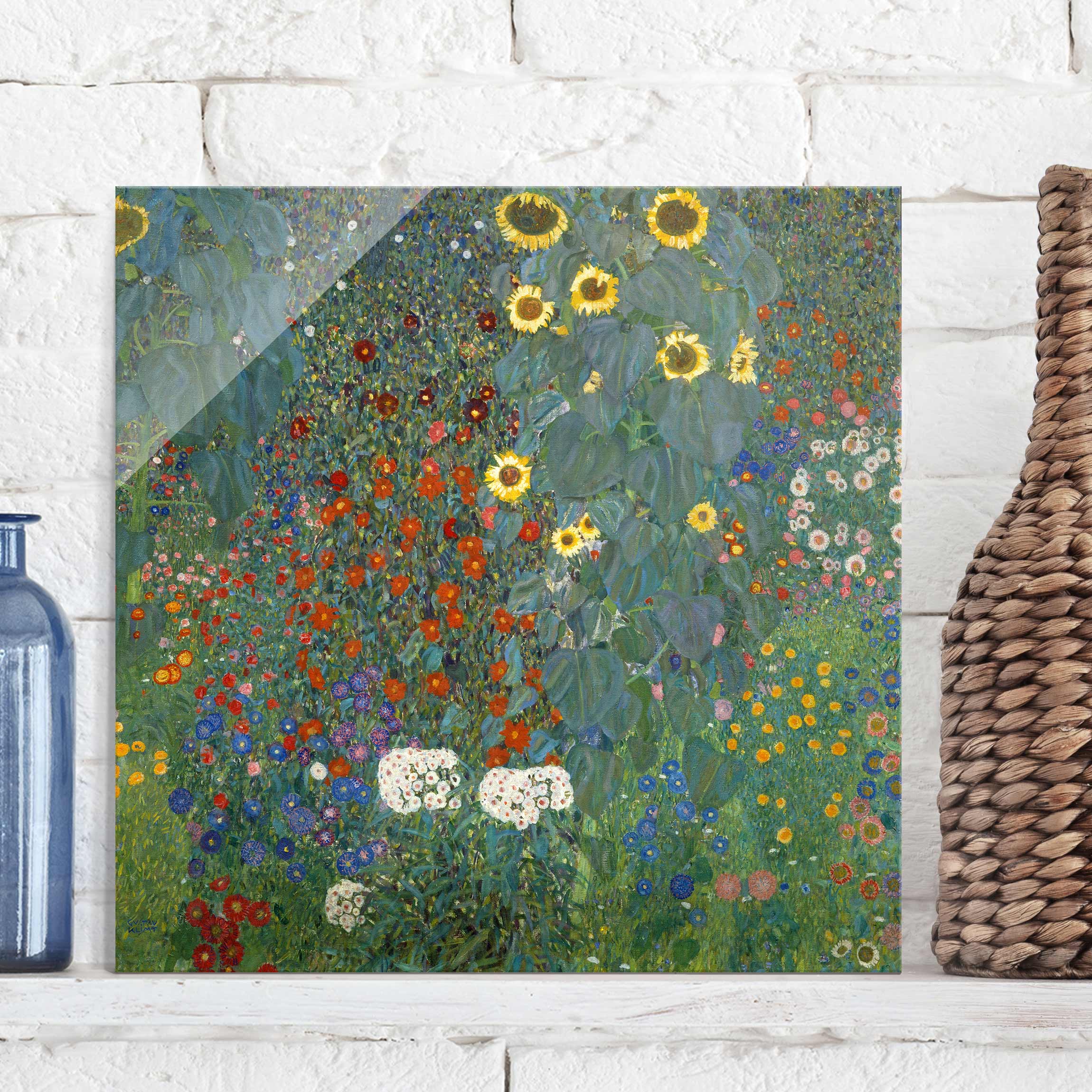Glasbild - Quadrat Gustav Klimt - Garten Sonnenblumen