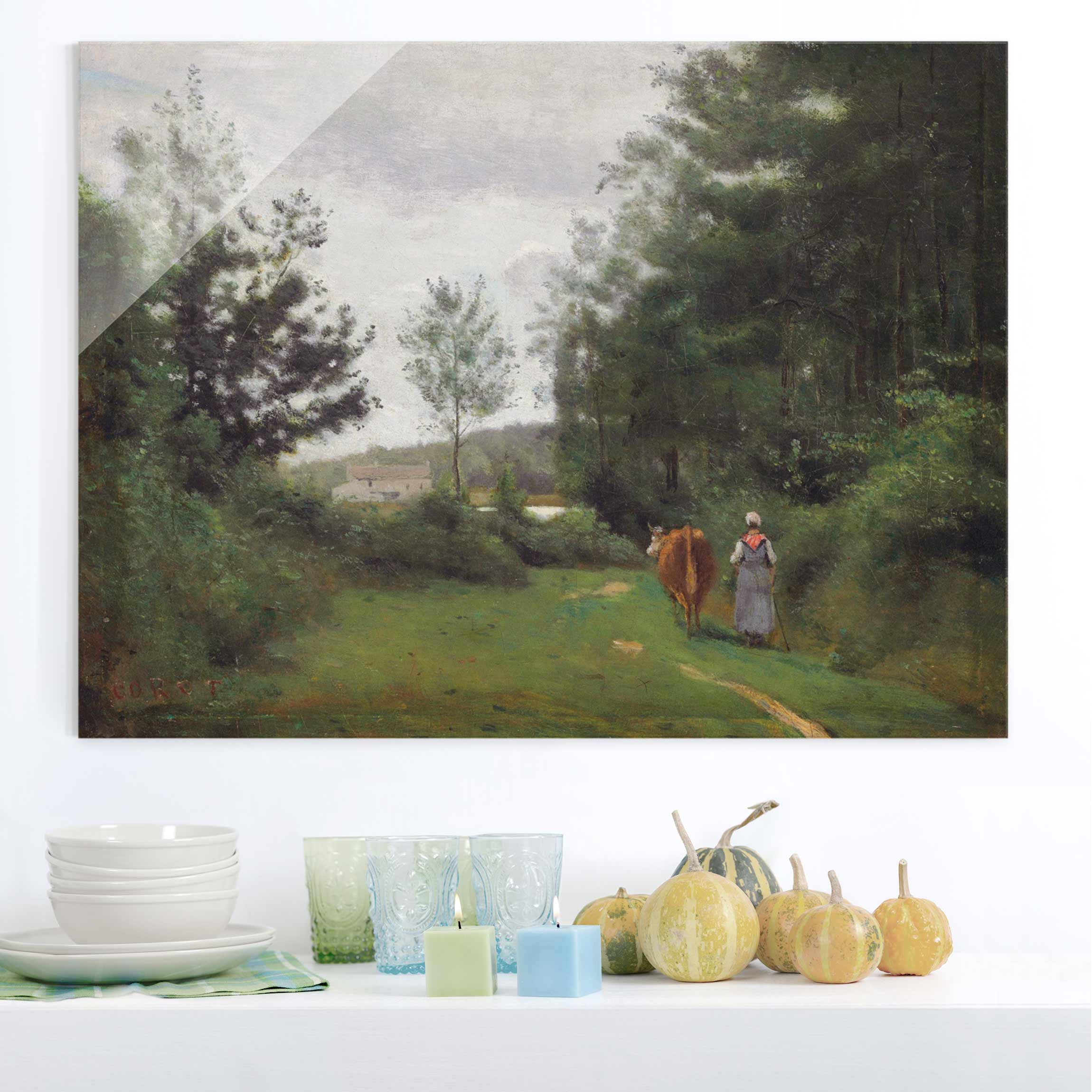 Glasbild - Querformat Jean-Baptiste Camille Corot - Bäuerin mit einer Kuh