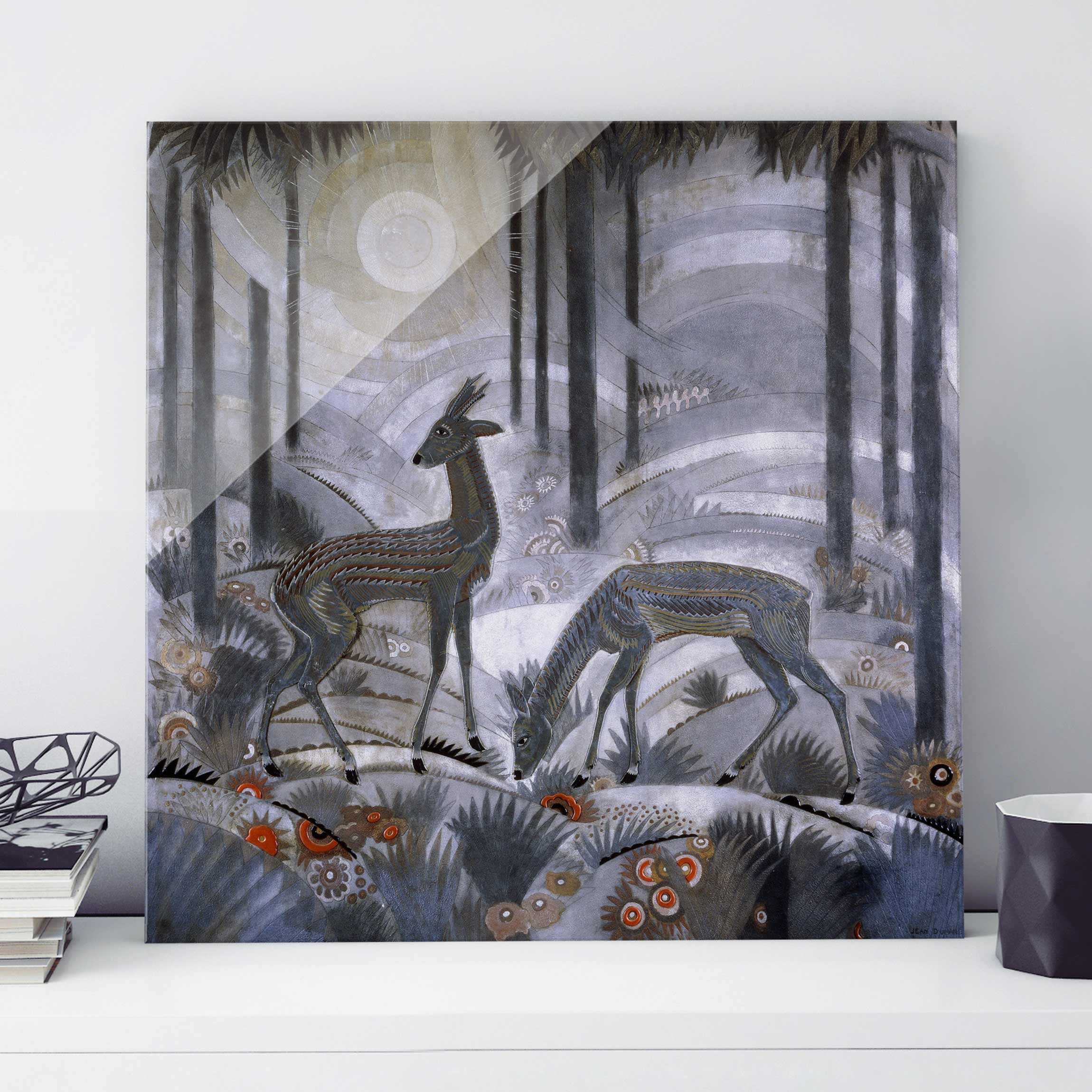Glasbild Kunstdruck Jean Dunand - Zwei Rehe im Wald