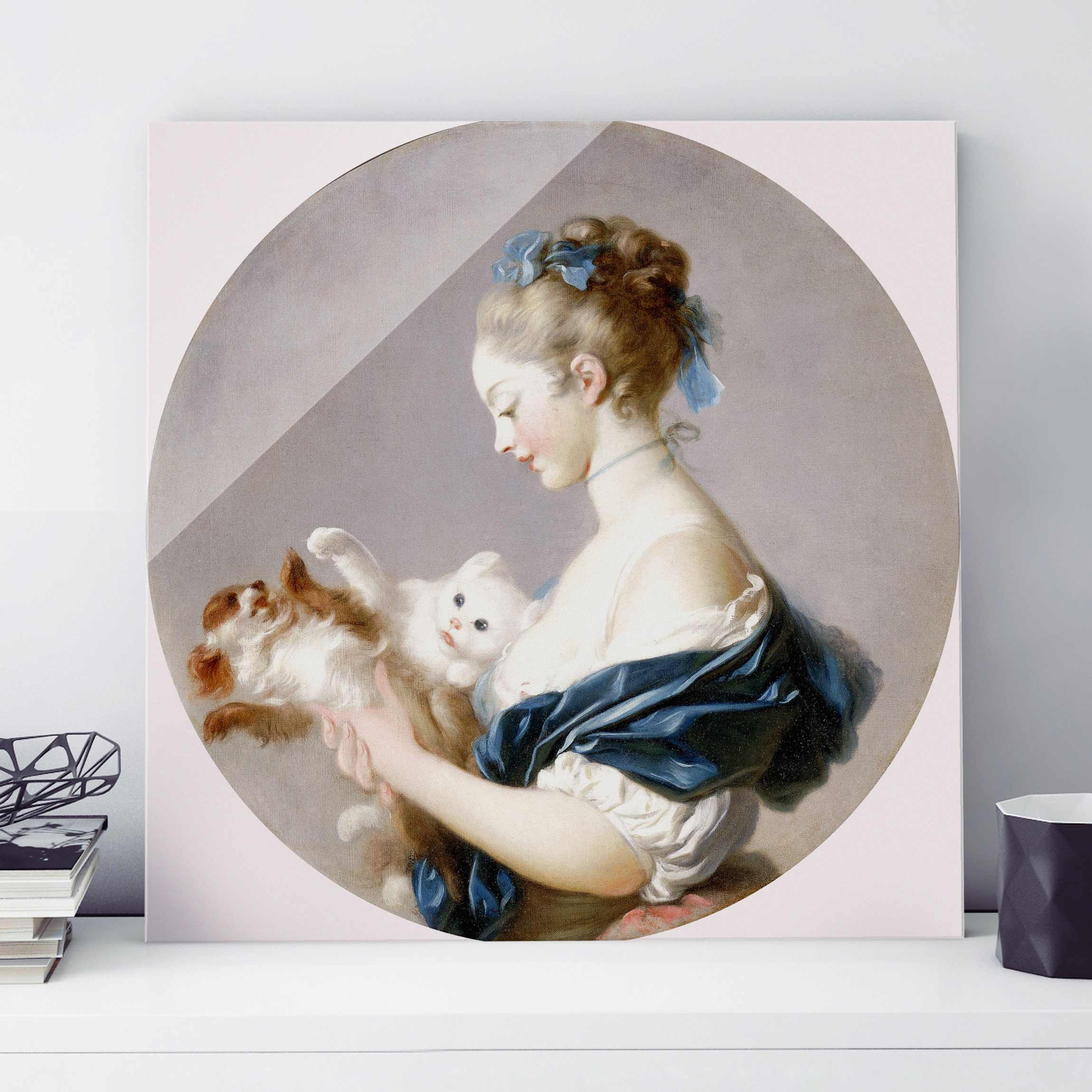 Glasbild Kunstdruck Jean Honoré Fragonard - Mädchen mit Hund