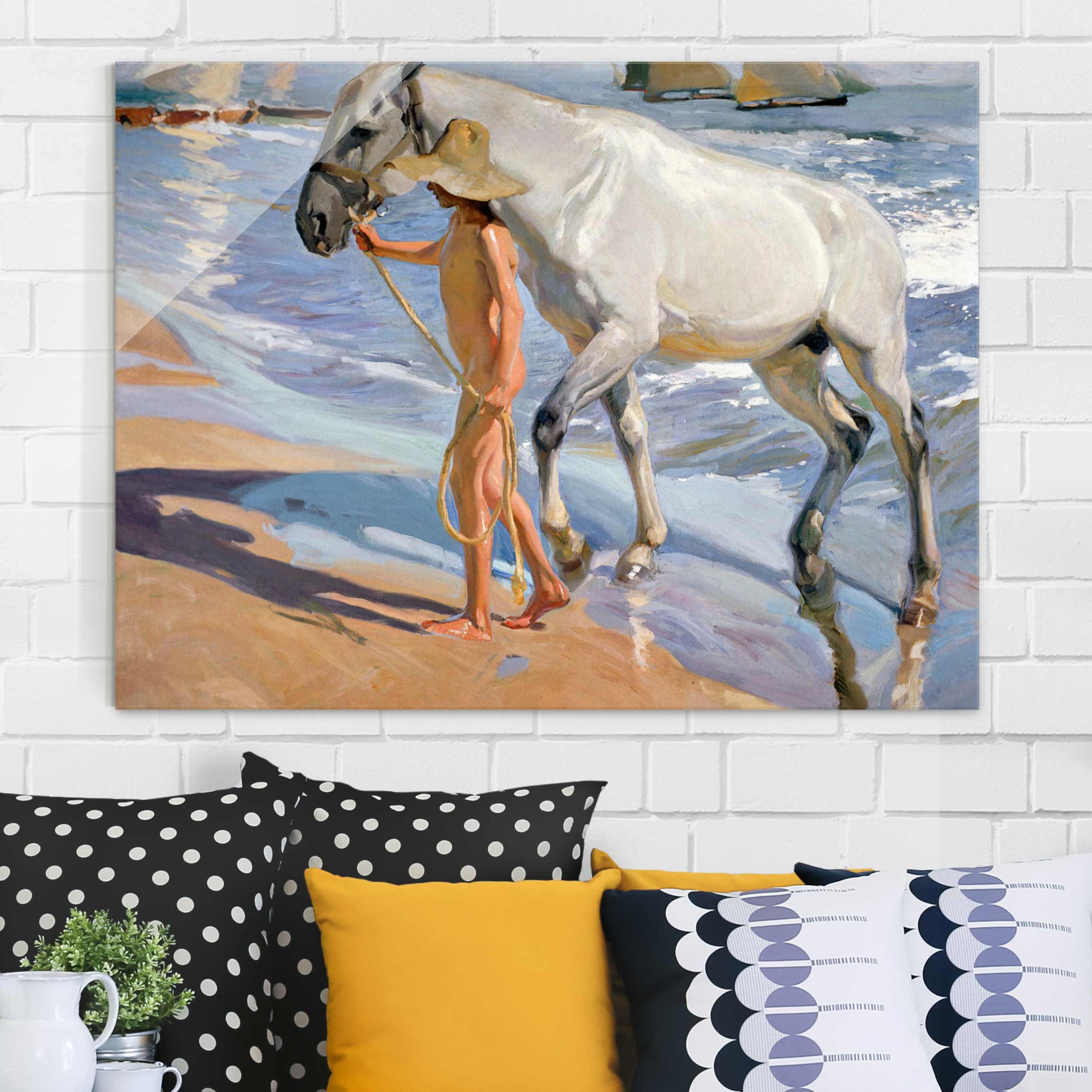Glasbild Kunstdruck Joaquin Sorolla - Das Bad des Pferdes