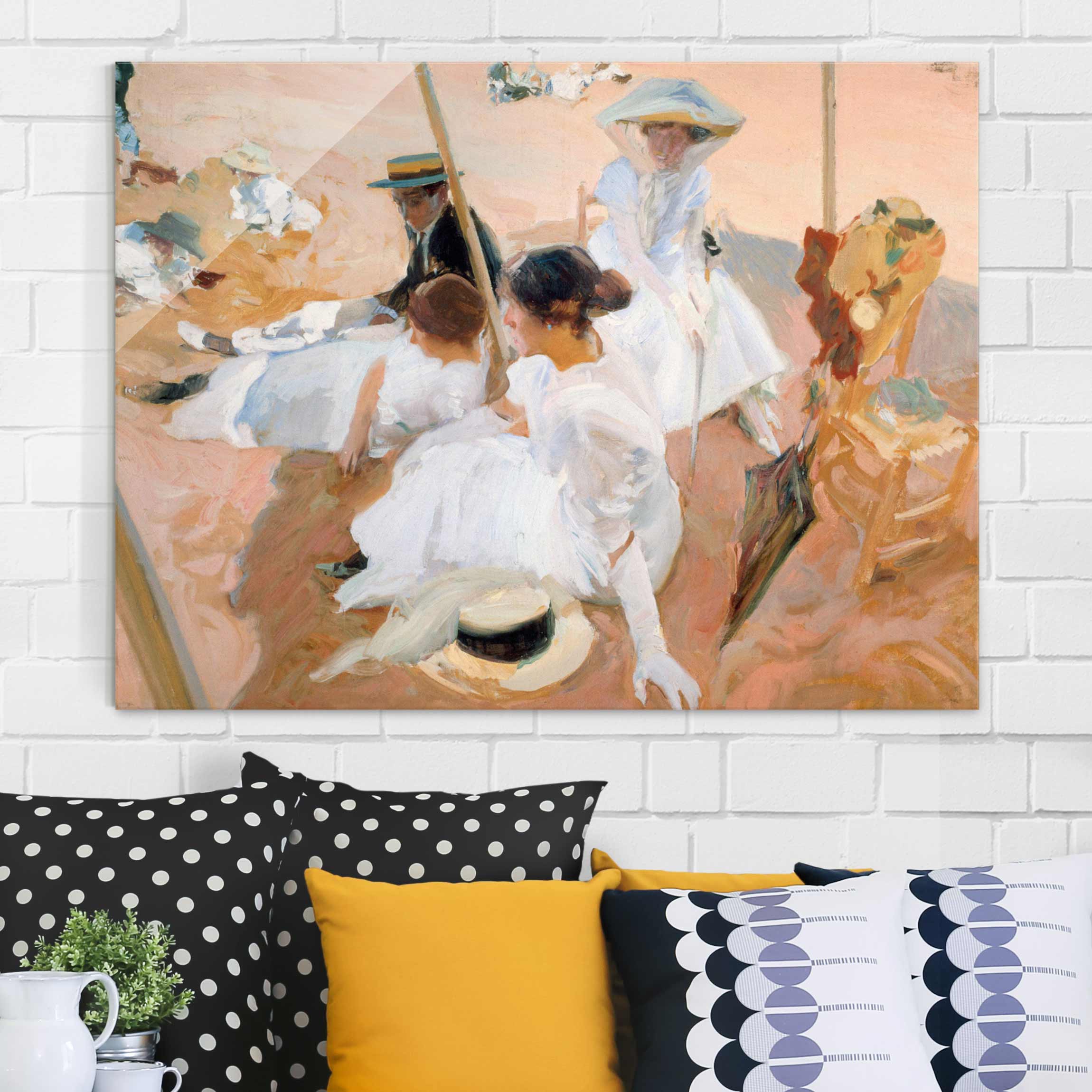 Glasbild - Querformat Joaquin Sorolla - Unter der Markise am Strand