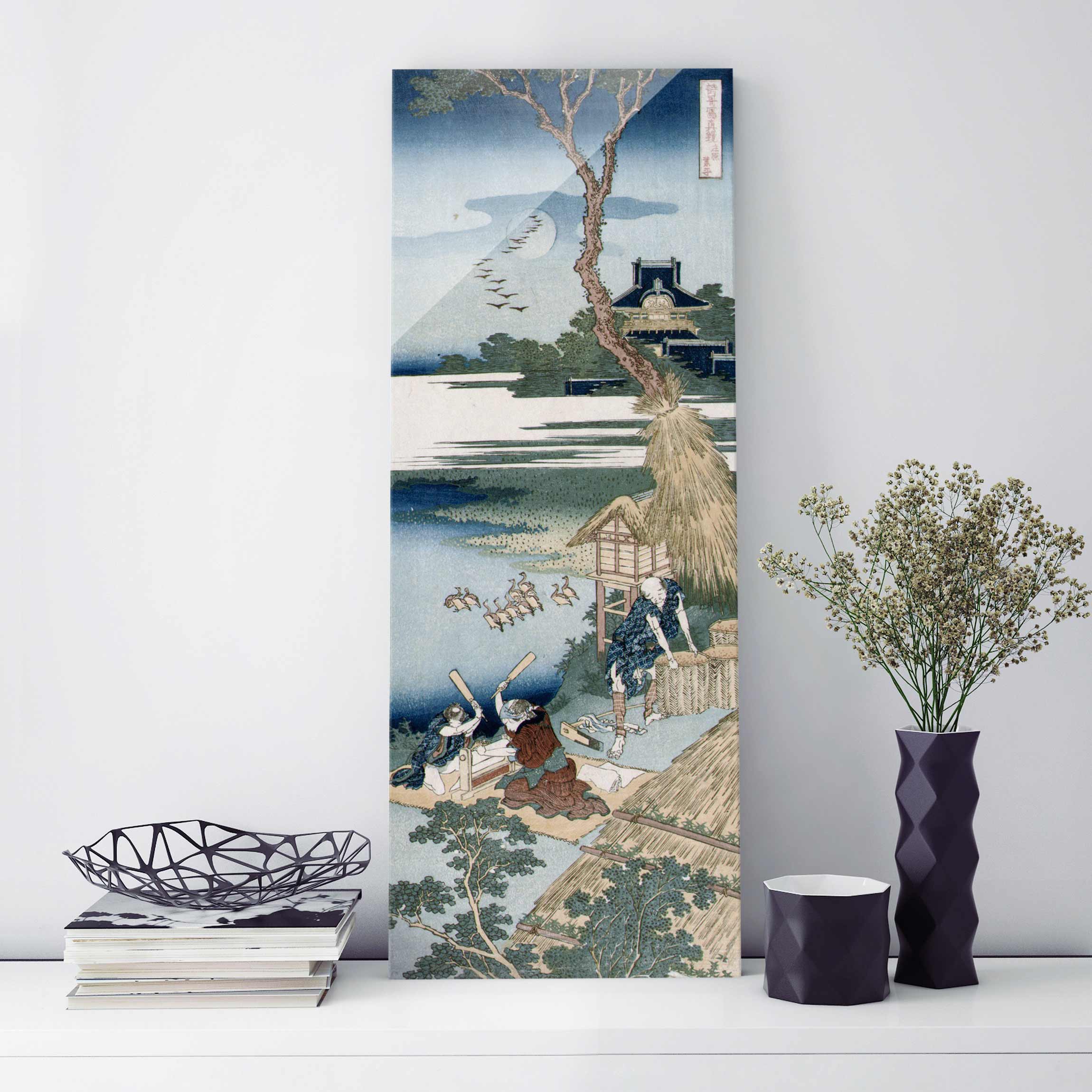 Glasbild - Hochformat Katsushika Hokusai - Bauernfamilie schlägt Wäsche