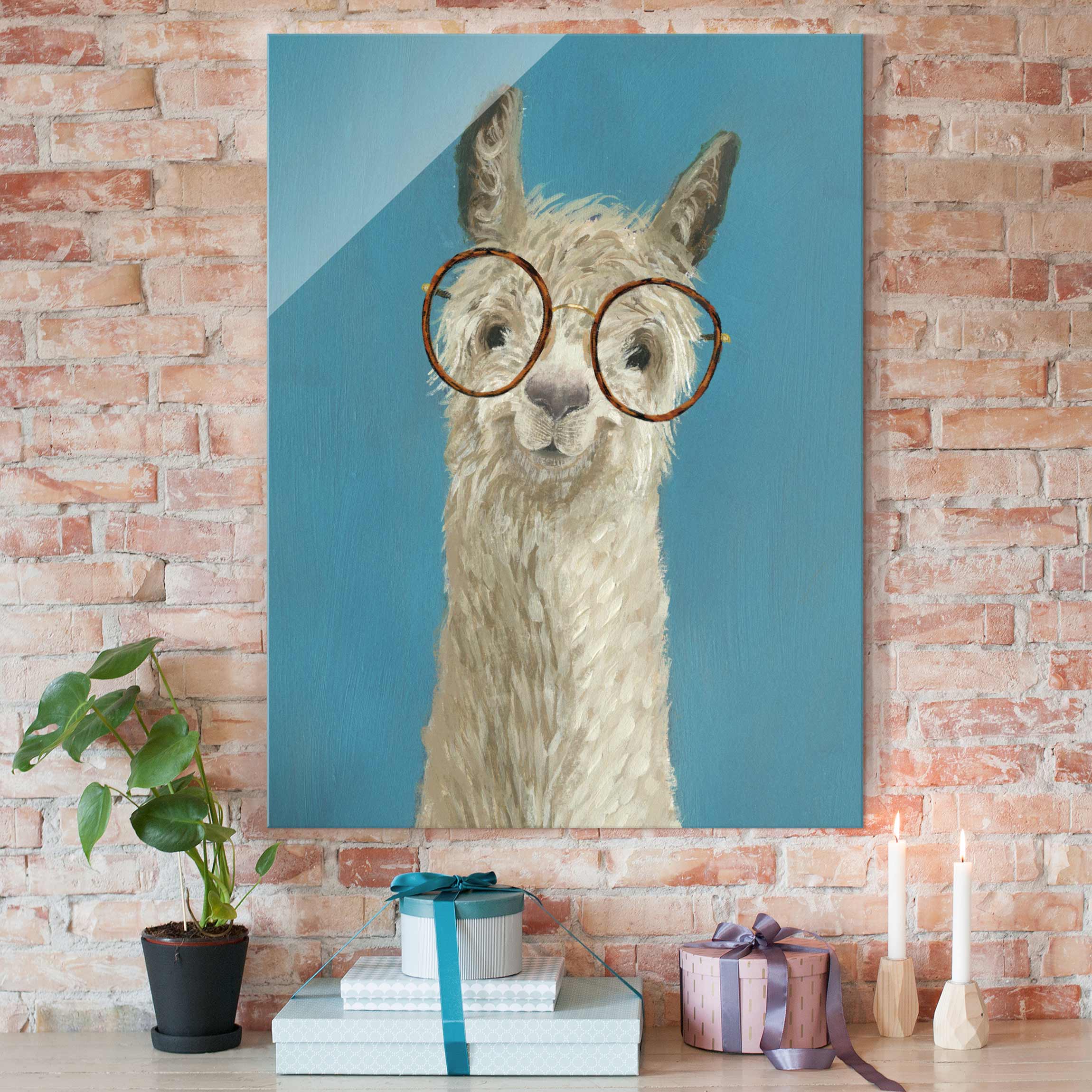 Glasbild Tiere Lama mit Brille I