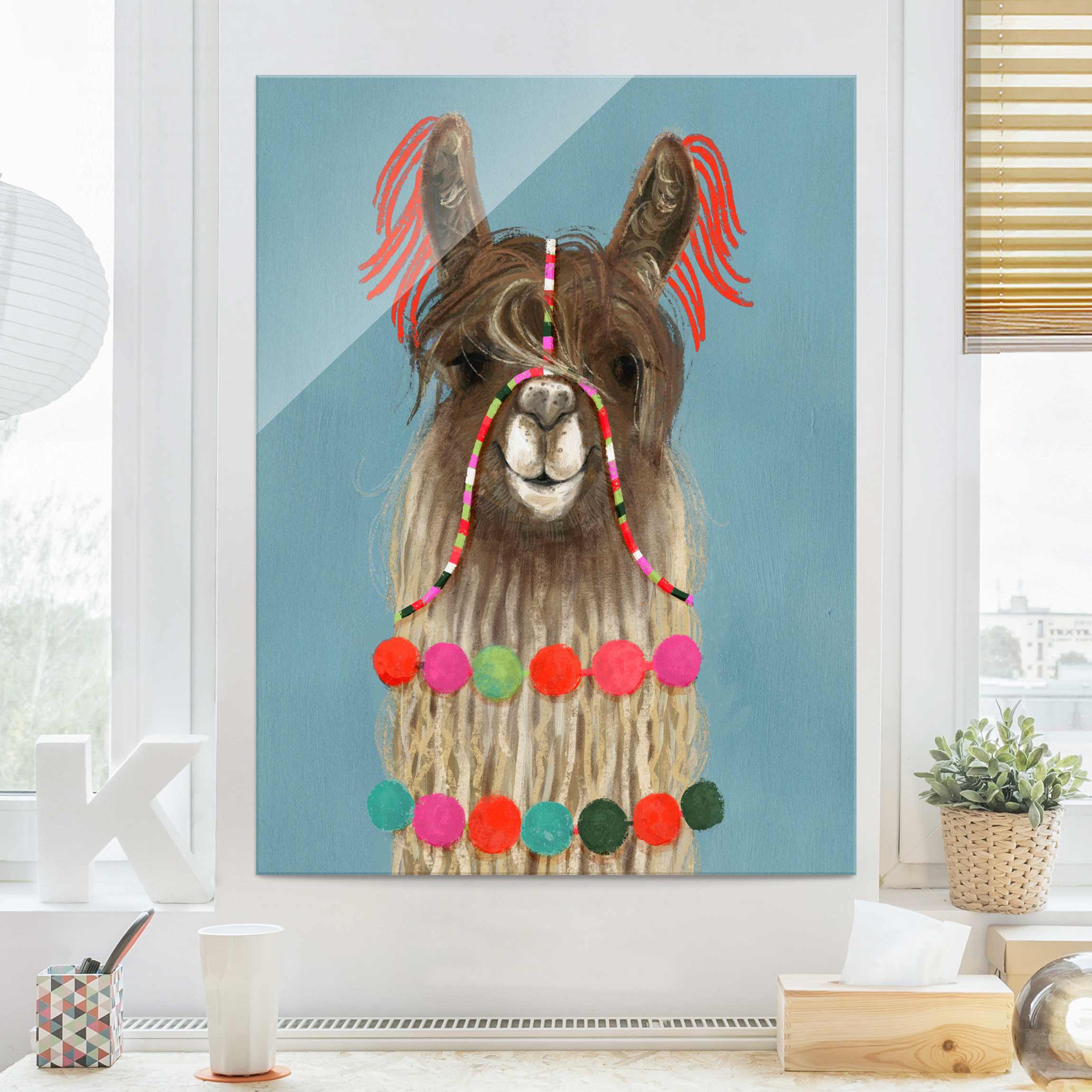 Glasbild Tiere Lama mit Schmuck I