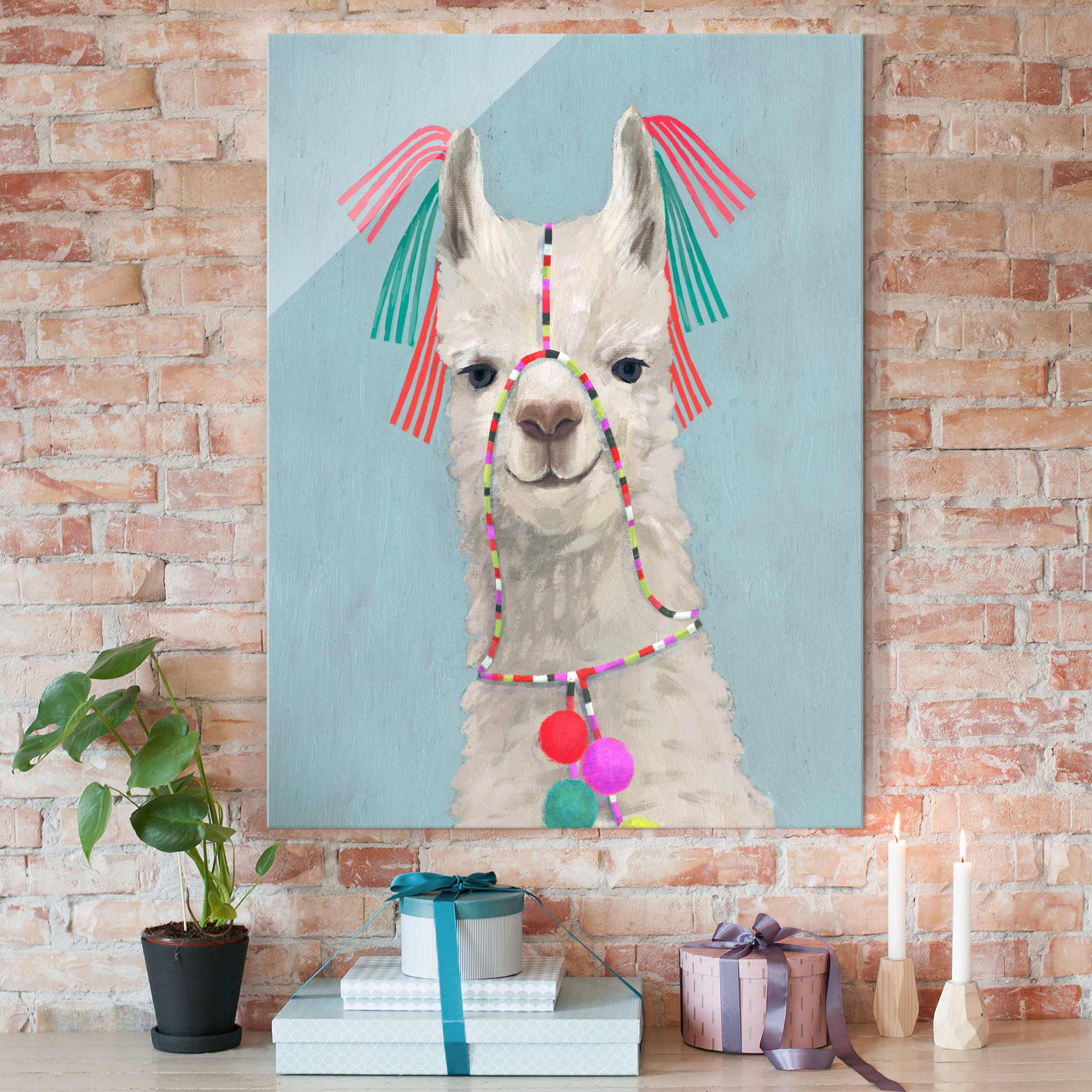 Glasbild Tiere Lama mit Schmuck II