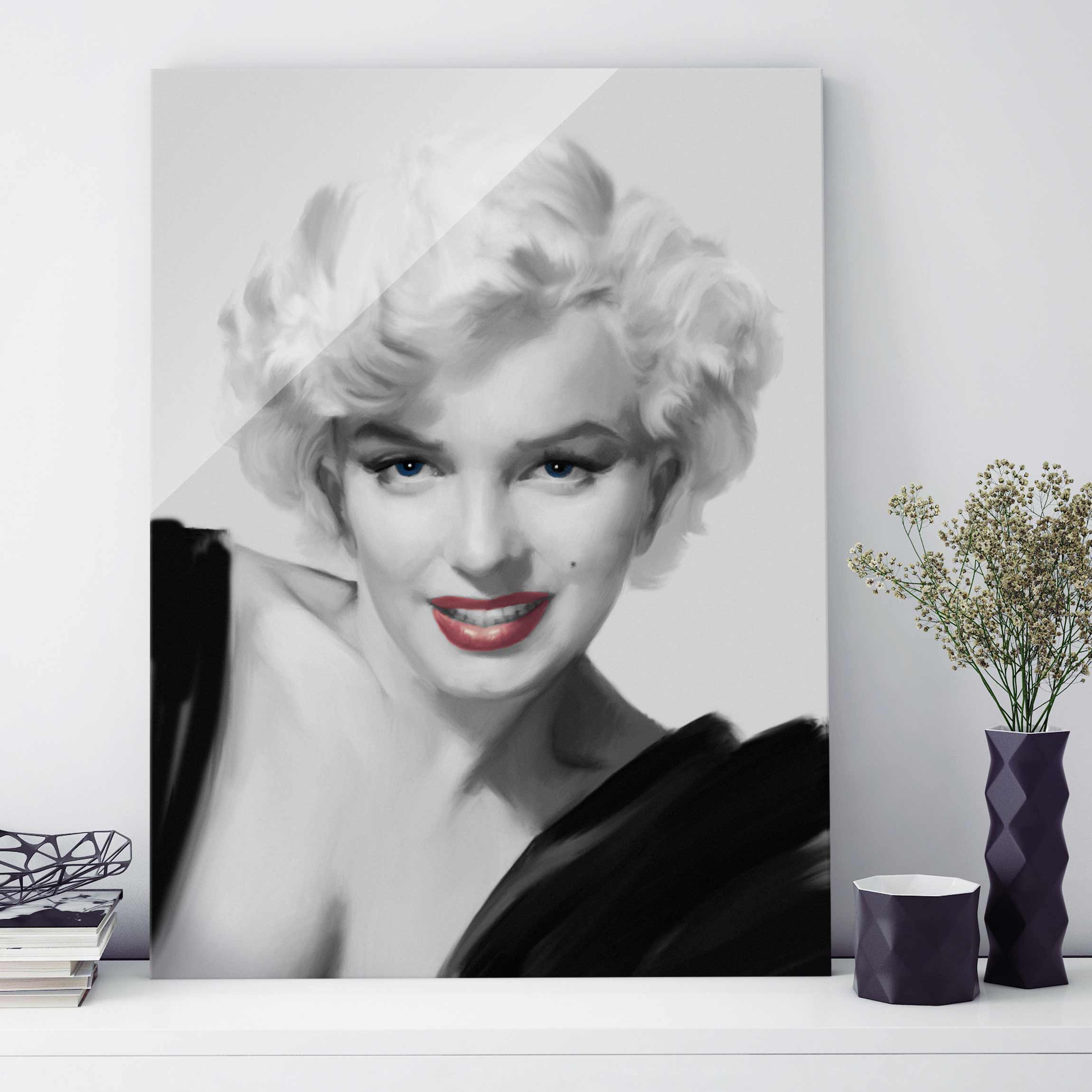 Glasbild Schwarz-Weiß Marilyn auf Sofa