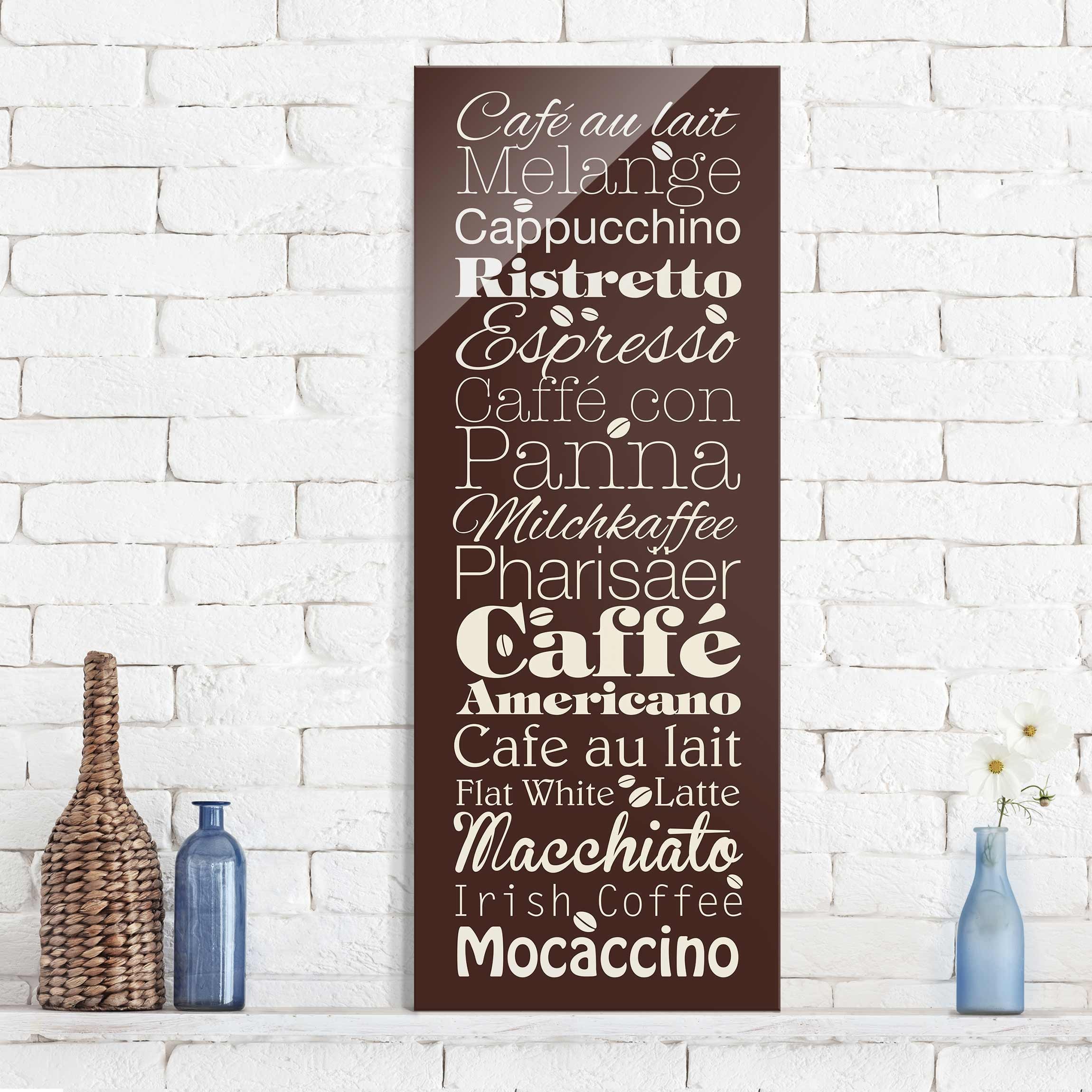 Glasbild - Hochformat Kaffeespezialitäten Braun