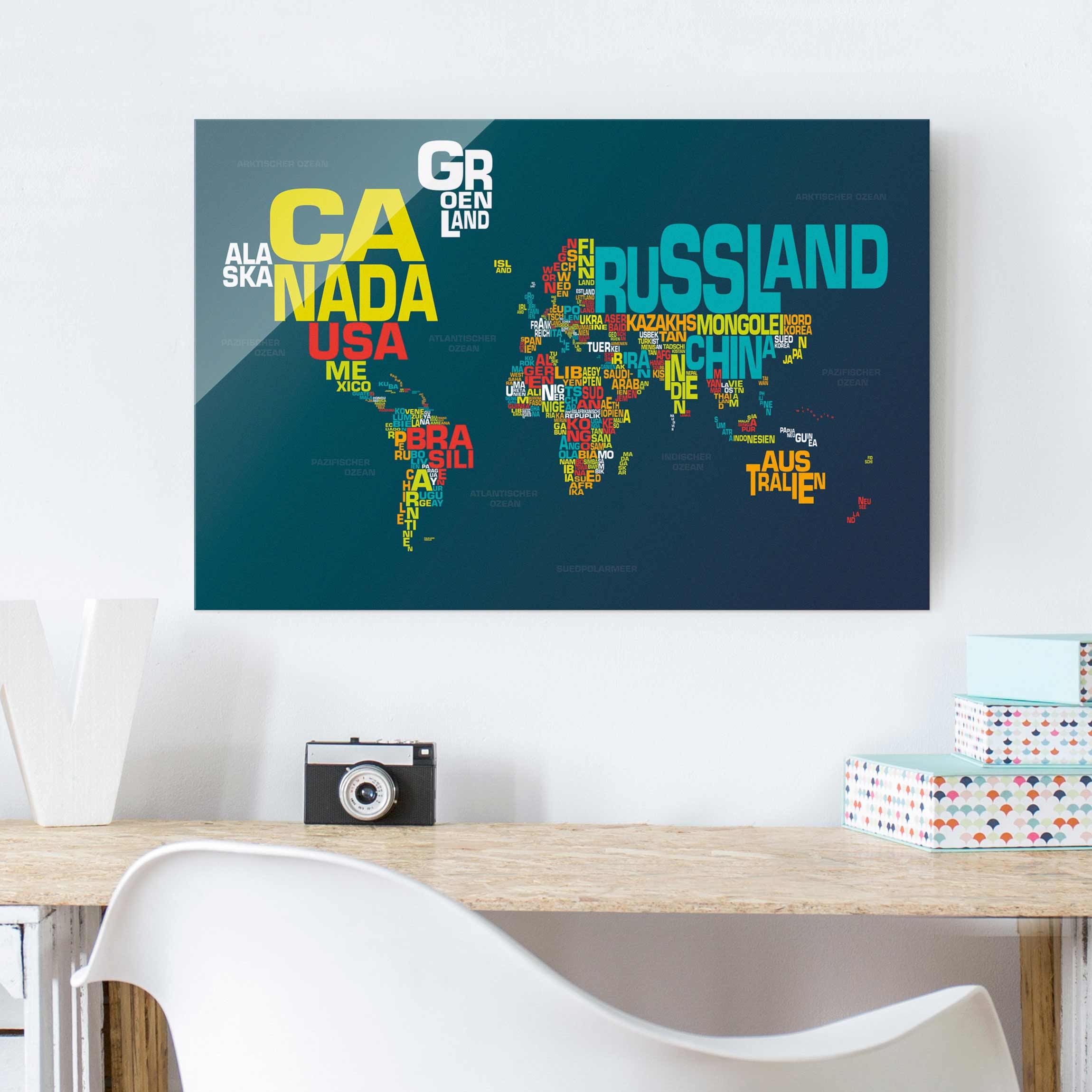 Glasbild Weltkarte BuchstabenWelt