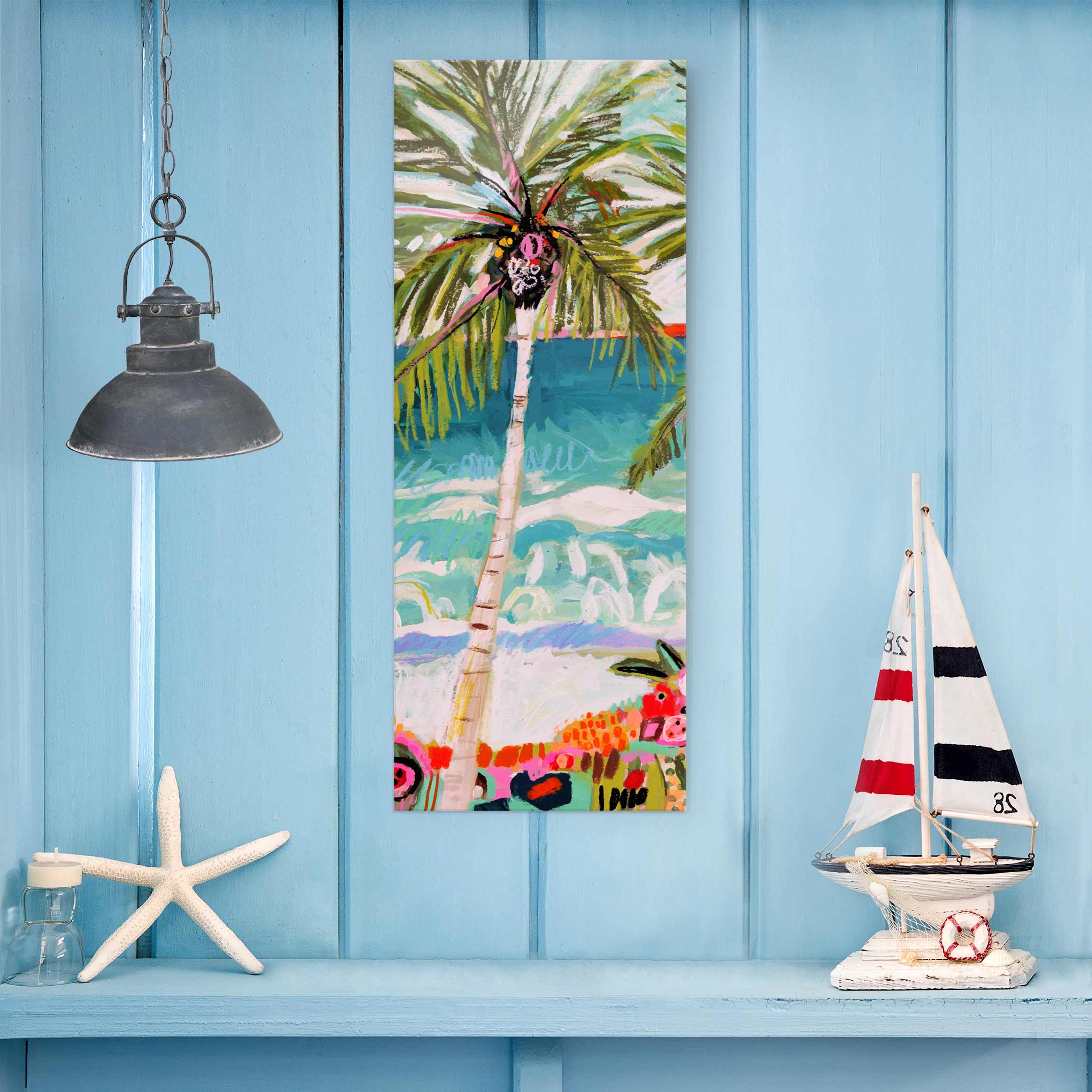 Glasbild - Hochformat Palme mit pinken Blumen I